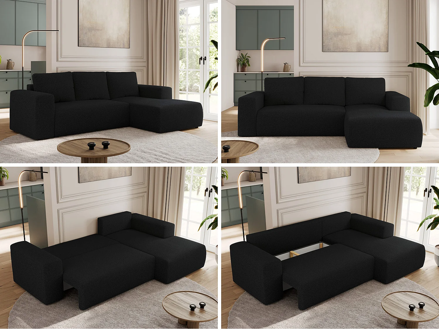 Ecksofa TRENTINO - mit Schlaffunktion und Bettkasten, L-form Couch, lose Kissen und Armlehnen - Schwarz Boucle - Ecke Rechts