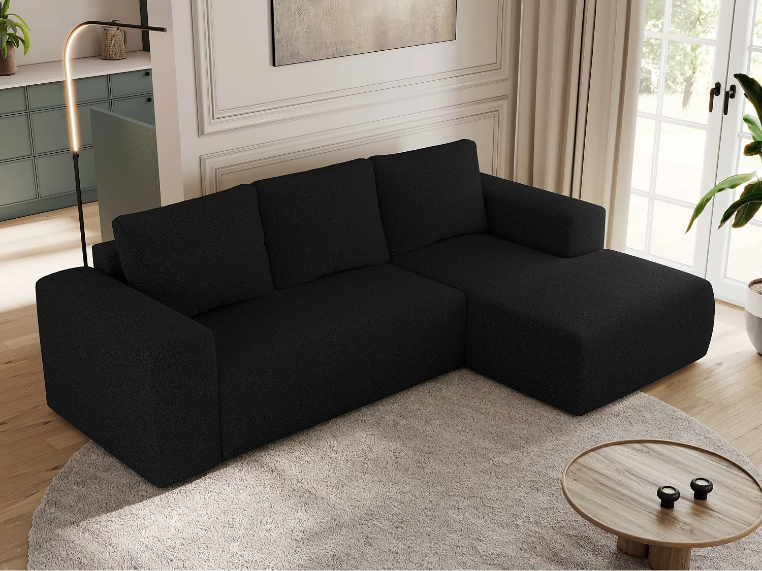 Ecksofa TRENTINO - mit Schlaffunktion und Bettkasten, L-form Couch, lose Kissen und Armlehnen - Schwarz Boucle - Ecke Rechts