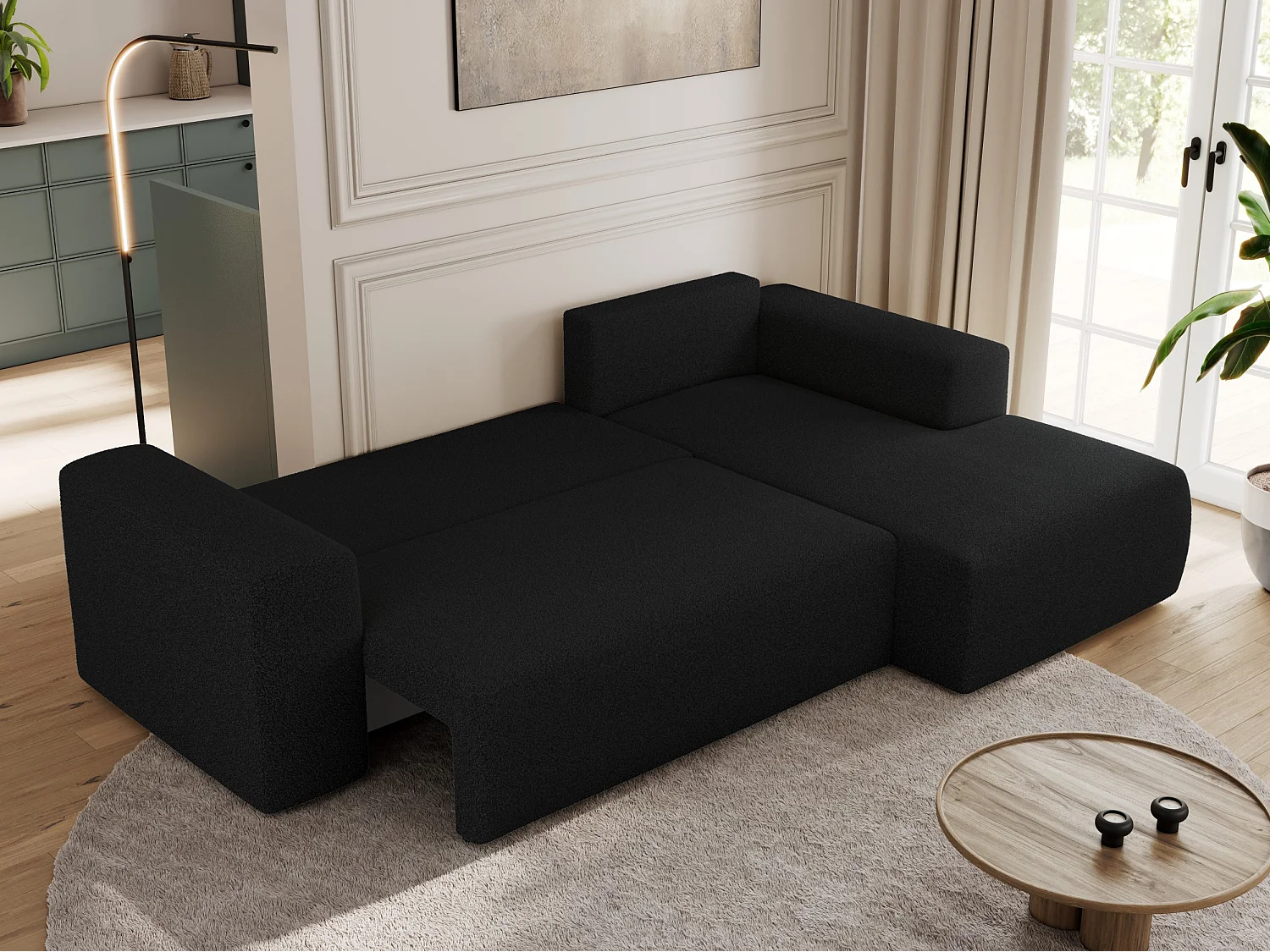 Ecksofa TRENTINO - mit Schlaffunktion und Bettkasten, L-form Couch, lose Kissen und Armlehnen - Schwarz Boucle - Ecke Rechts