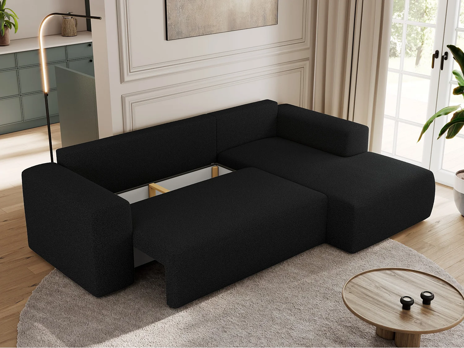 Ecksofa TRENTINO - mit Schlaffunktion und Bettkasten, L-form Couch, lose Kissen und Armlehnen - Schwarz Boucle - Ecke Rechts