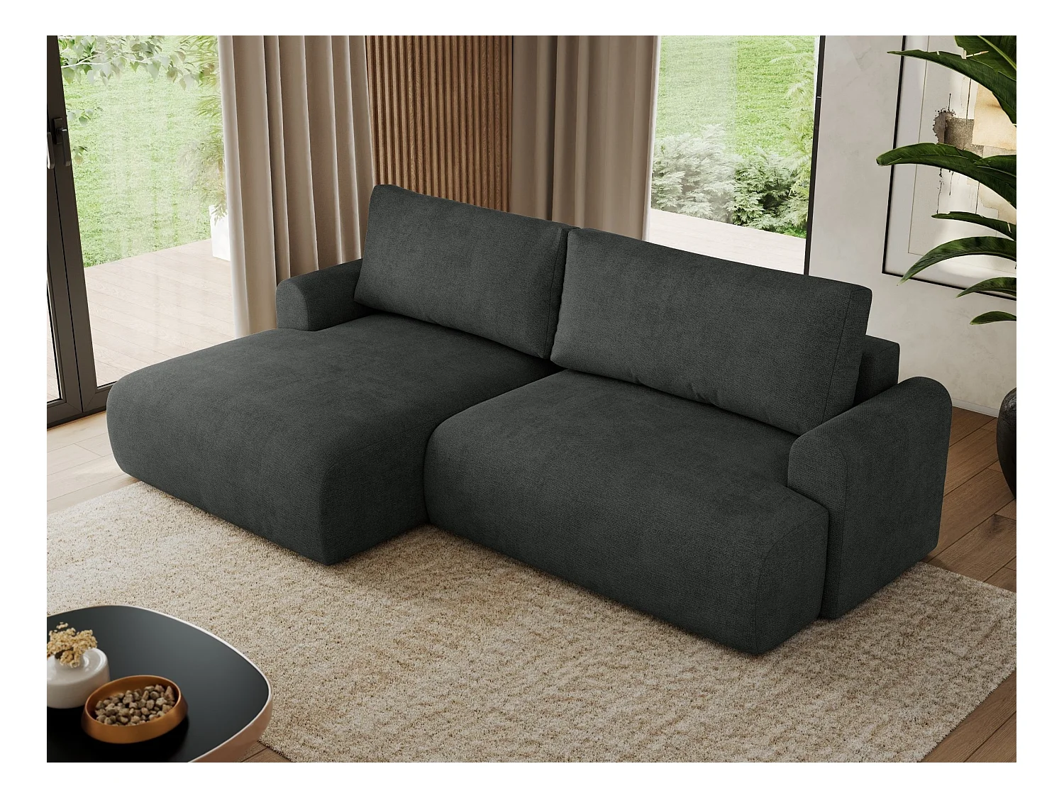 Ecksofa TONO - mit Schlaffunktion und Bettkasten, L-form Ecke, Armlehnen - Dunkelgrau Struktur - Ecke Links