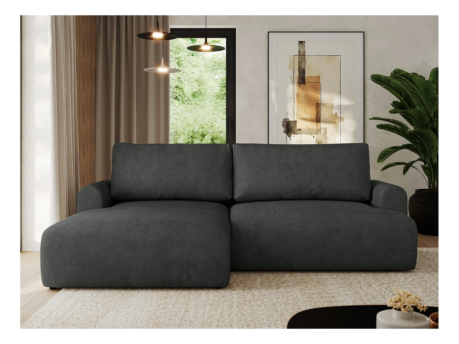 Ecksofa TONO - mit Schlaffunktion und Bettkasten, L-form Ecke, Armlehnen - Dunkelgrau Struktur - Ecke Links