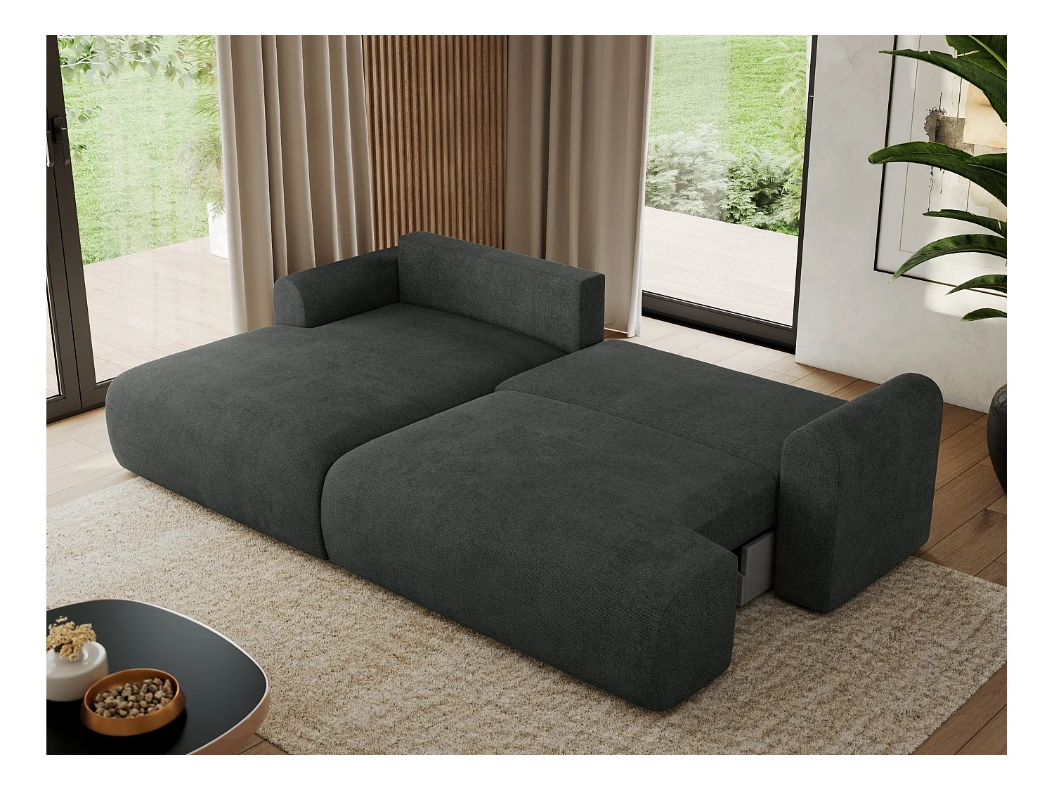 Ecksofa TONO - mit Schlaffunktion und Bettkasten, L-form Ecke, Armlehnen - Dunkelgrau Struktur - Ecke Links