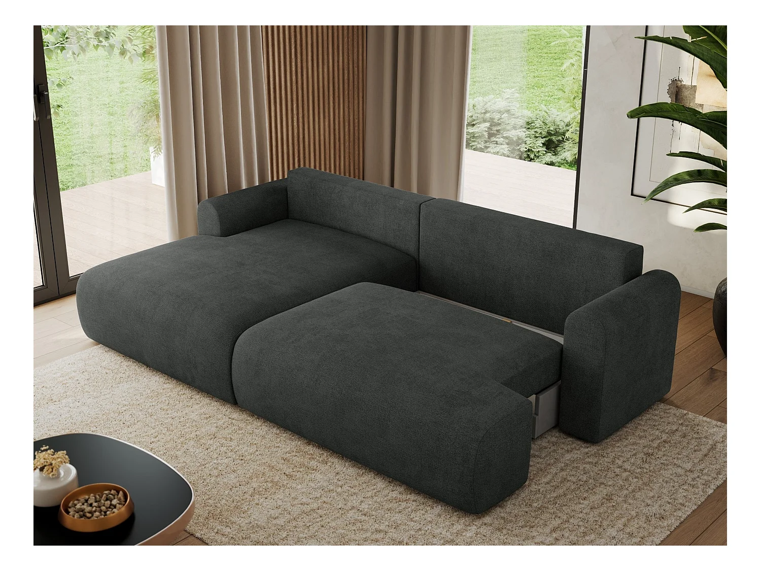 Ecksofa TONO - mit Schlaffunktion und Bettkasten, L-form Ecke, Armlehnen - Dunkelgrau Struktur - Ecke Links