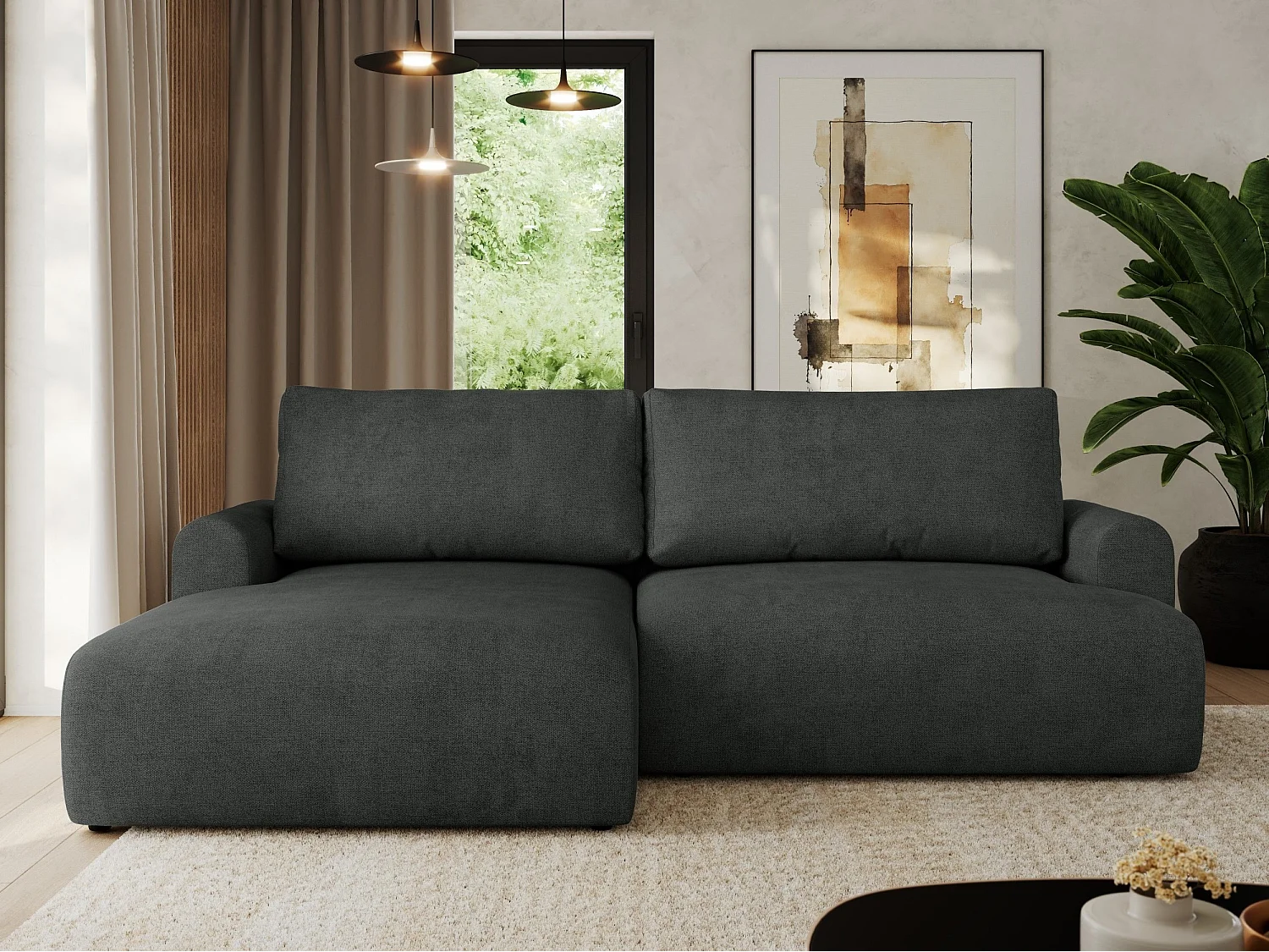 Ecksofa TONO - mit Schlaffunktion und Bettkasten, L-form Ecke, Armlehnen - Dunkelgrau Struktur - Ecke Links