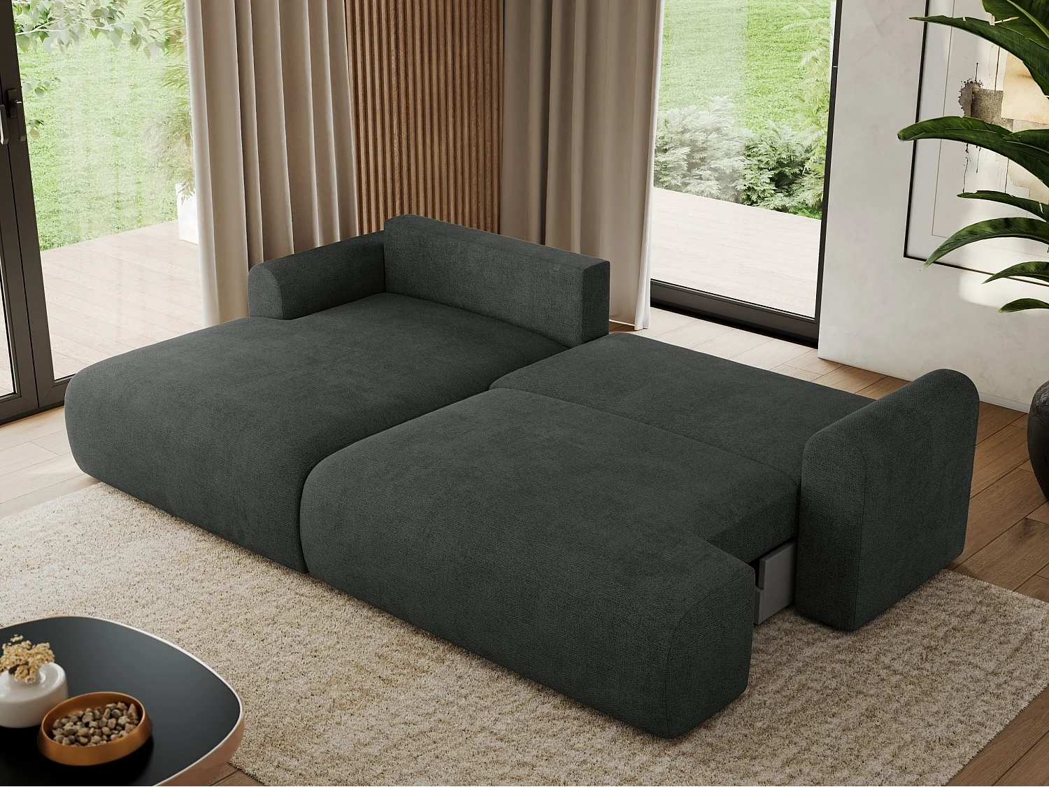 Ecksofa TONO - mit Schlaffunktion und Bettkasten, L-form Ecke, Armlehnen - Dunkelgrau Struktur - Ecke Links