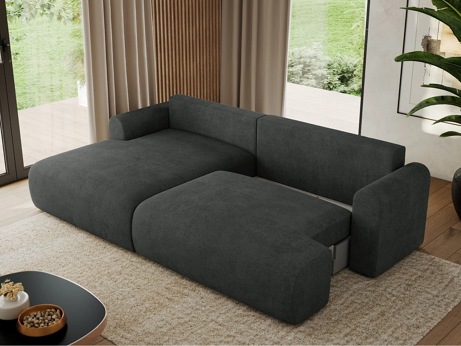 Ecksofa TONO - mit Schlaffunktion und Bettkasten, L-form Ecke, Armlehnen - Dunkelgrau Struktur - Ecke Links