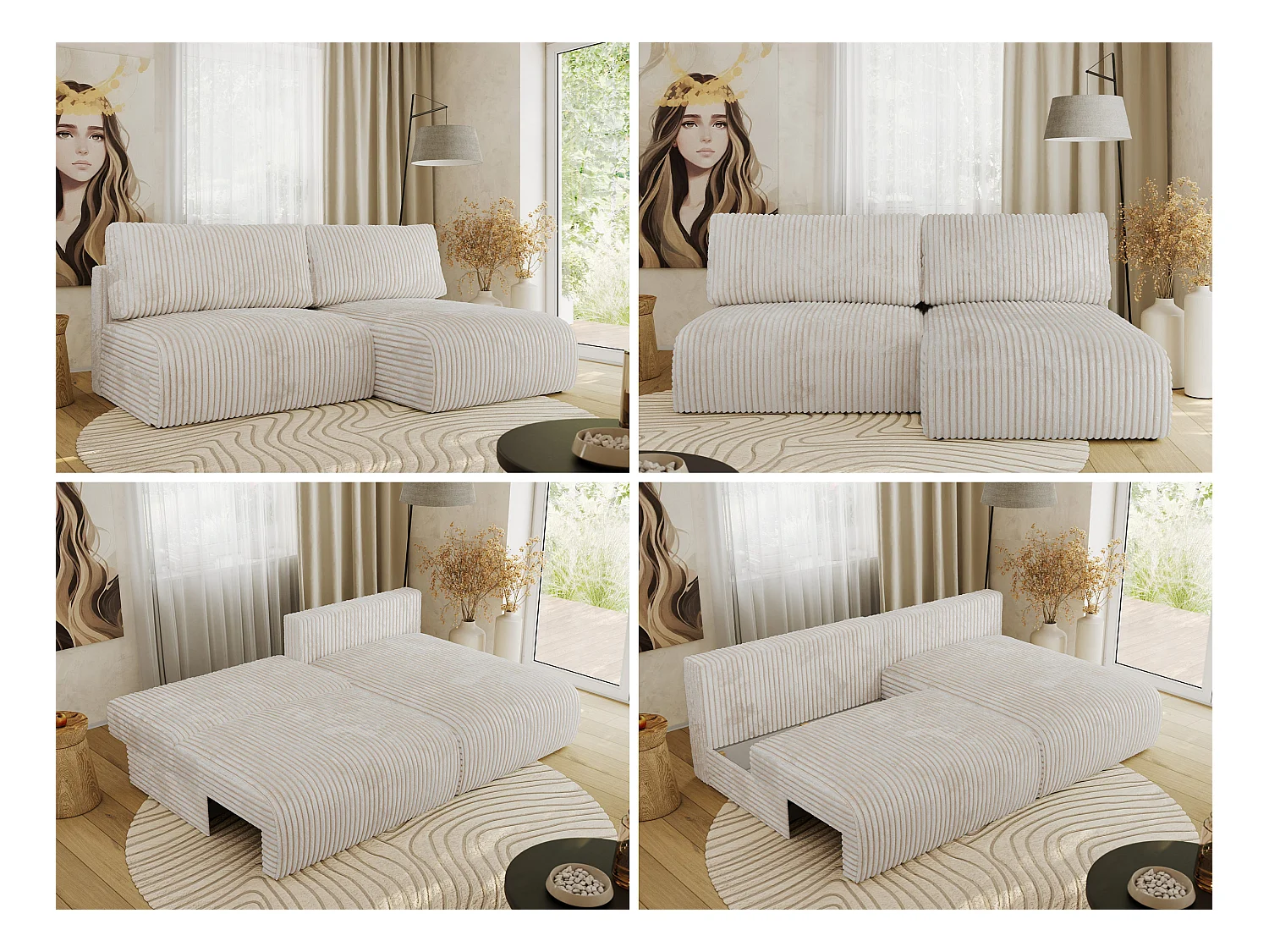 Ecksofa VIVO - L-form Couch mit Schlaffunktion und Bettkasten, Wellenfeder - Creme Cord - Ecke Rechts
