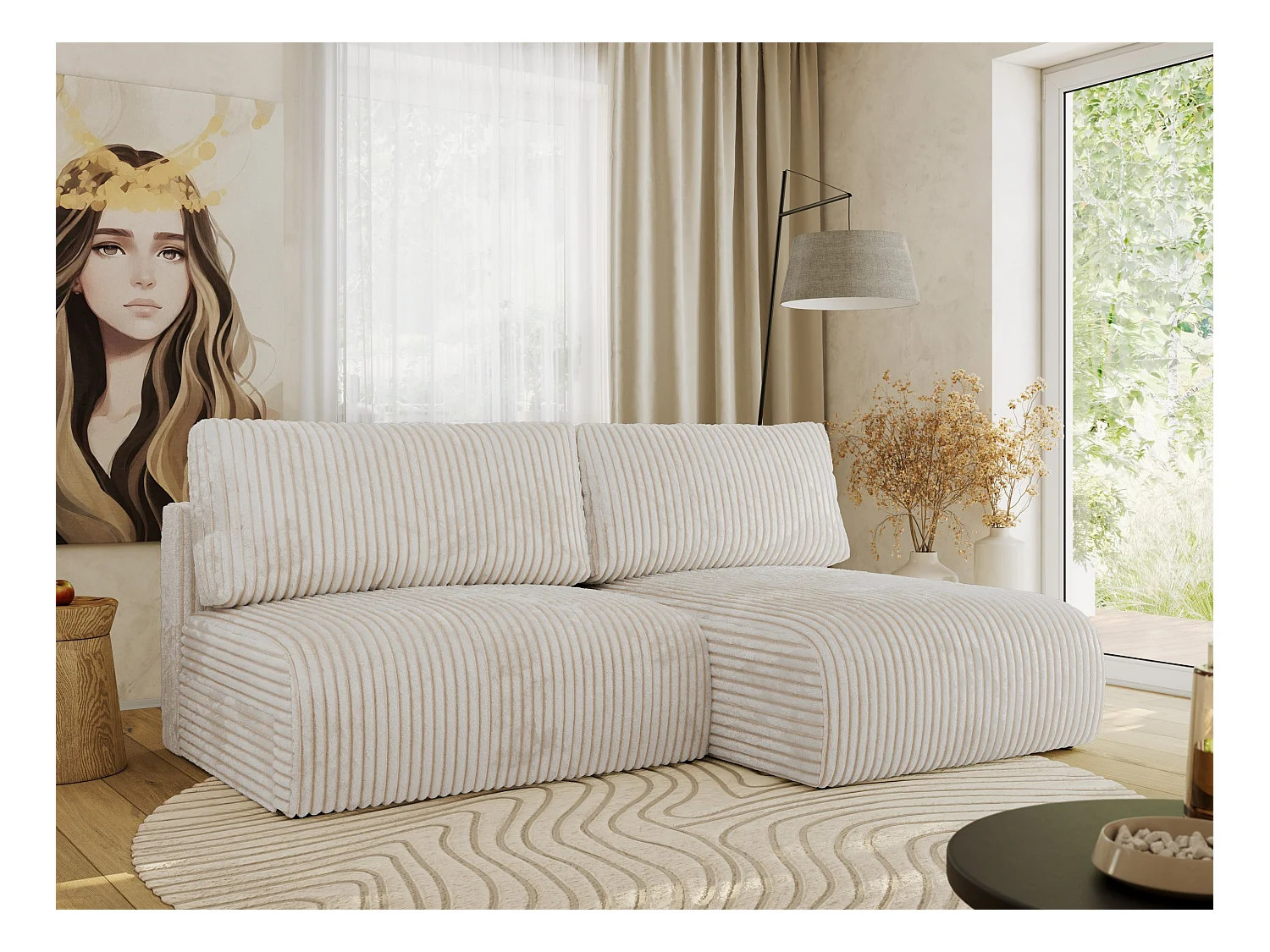 Ecksofa VIVO - L-form Couch mit Schlaffunktion und Bettkasten, Wellenfeder - Creme Cord - Ecke Rechts