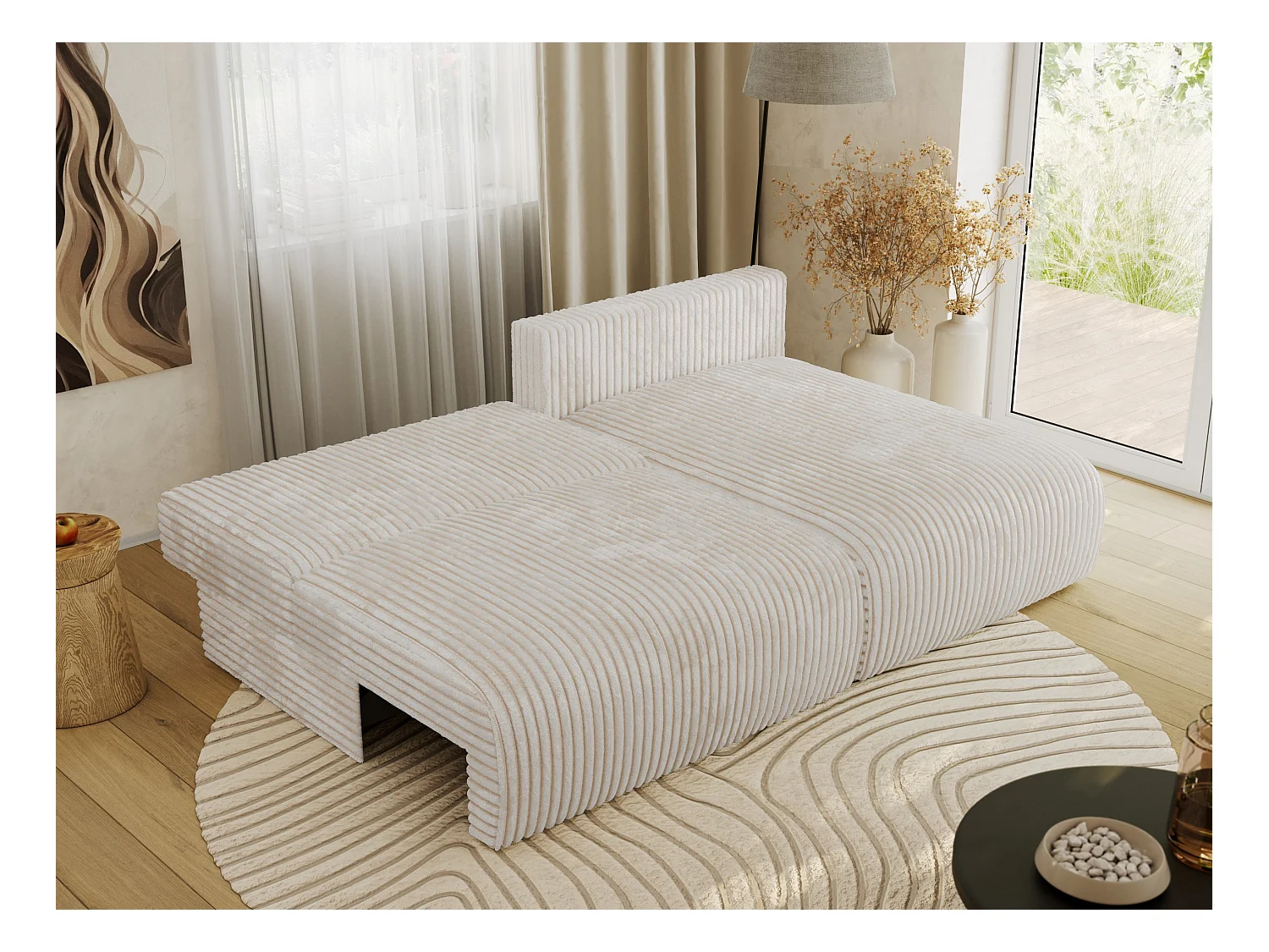 Ecksofa VIVO - L-form Couch mit Schlaffunktion und Bettkasten, Wellenfeder - Creme Cord - Ecke Rechts