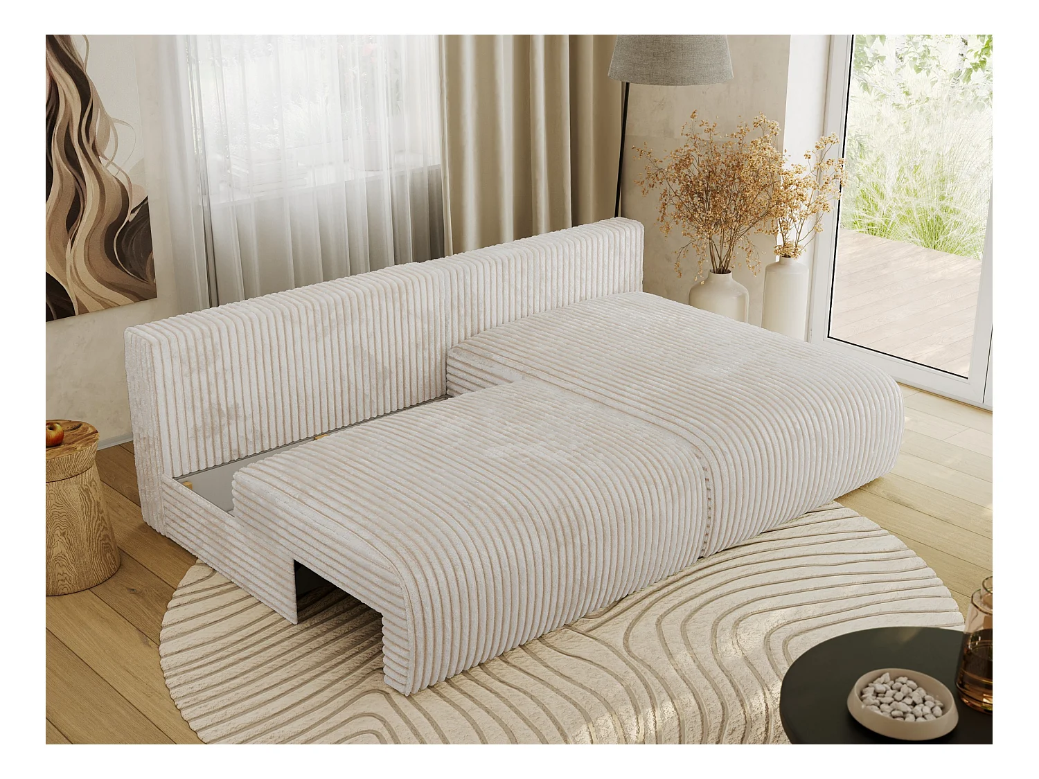 Ecksofa VIVO - L-form Couch mit Schlaffunktion und Bettkasten, Wellenfeder - Creme Cord - Ecke Rechts