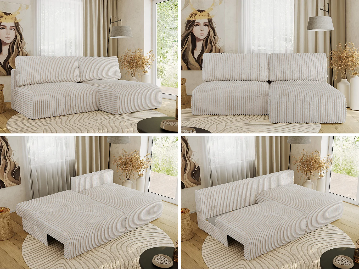 Ecksofa VIVO - L-form Couch mit Schlaffunktion und Bettkasten, Wellenfeder - Creme Cord - Ecke Rechts