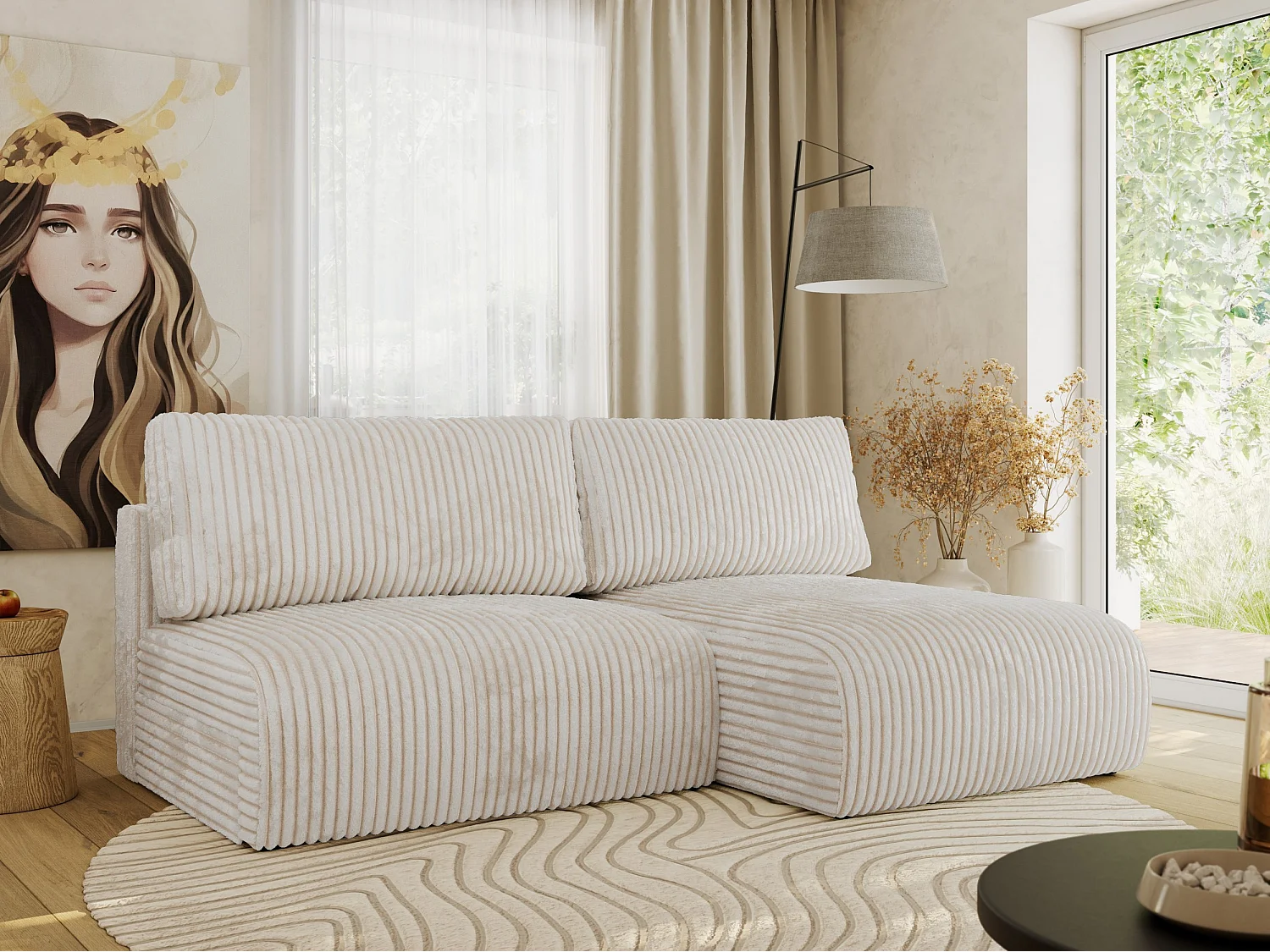 Ecksofa VIVO - L-form Couch mit Schlaffunktion und Bettkasten, Wellenfeder - Creme Cord - Ecke Rechts