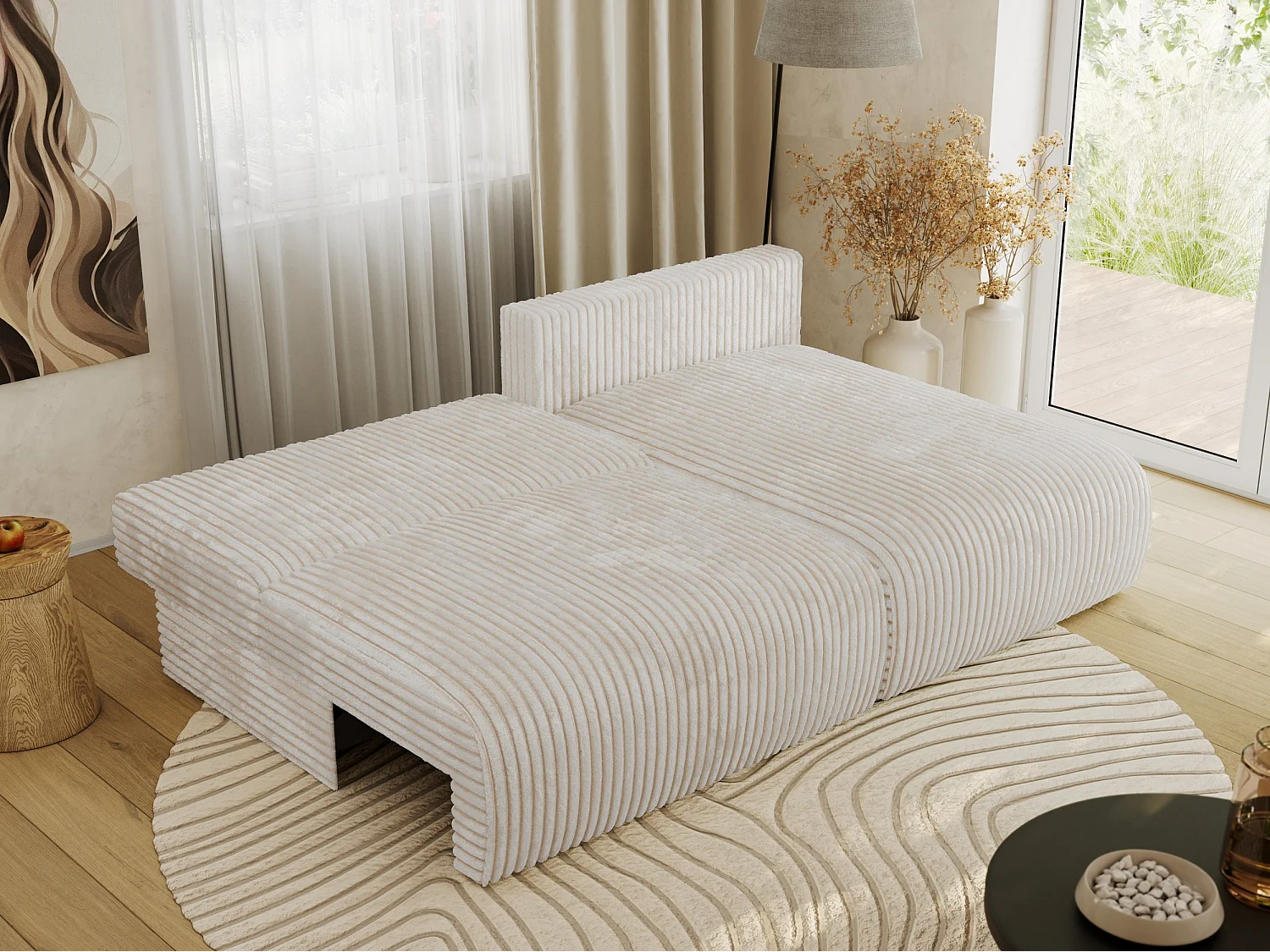 Ecksofa VIVO - L-form Couch mit Schlaffunktion und Bettkasten, Wellenfeder - Creme Cord - Ecke Rechts