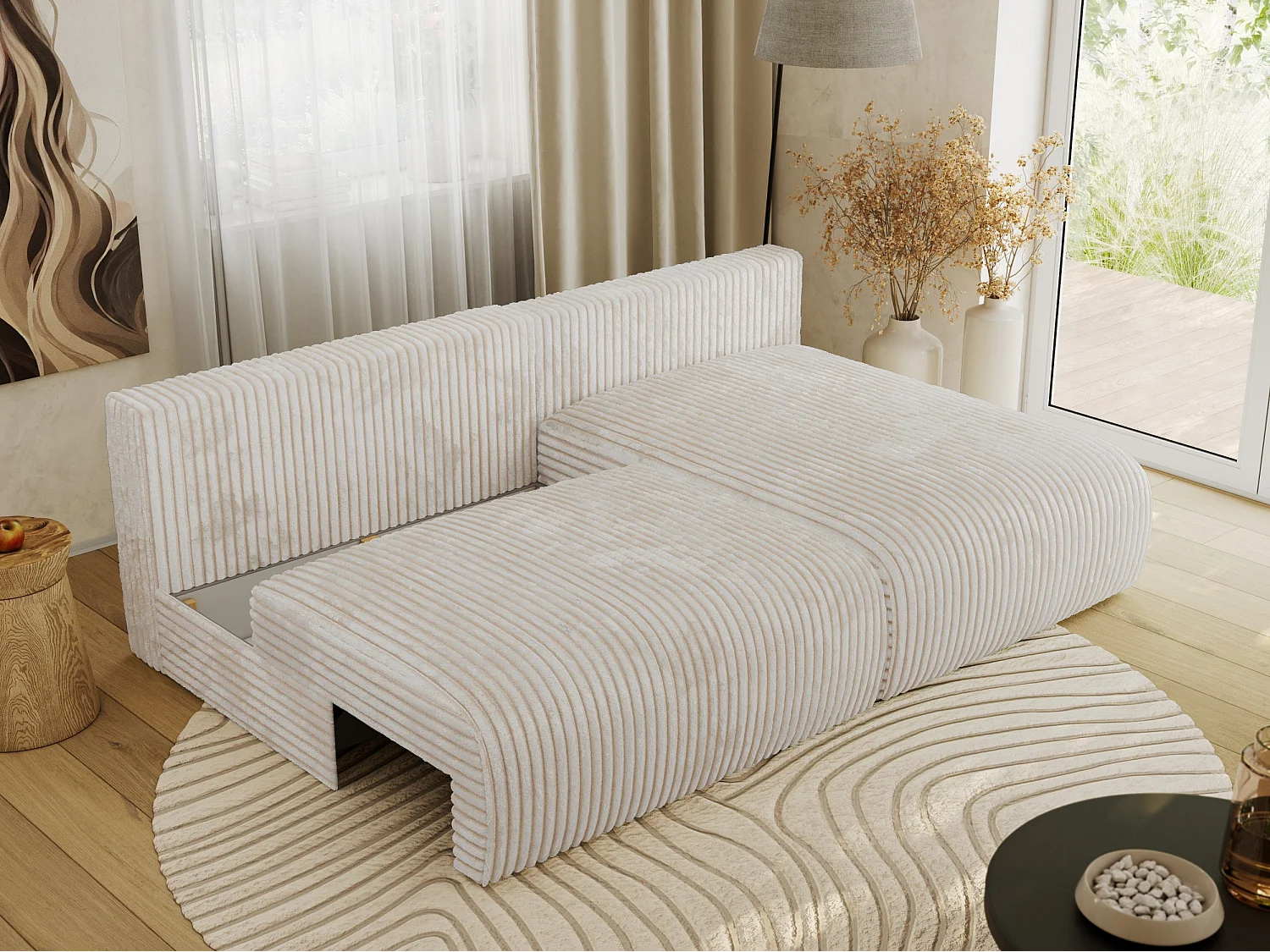 Ecksofa VIVO - L-form Couch mit Schlaffunktion und Bettkasten, Wellenfeder - Creme Cord - Ecke Rechts