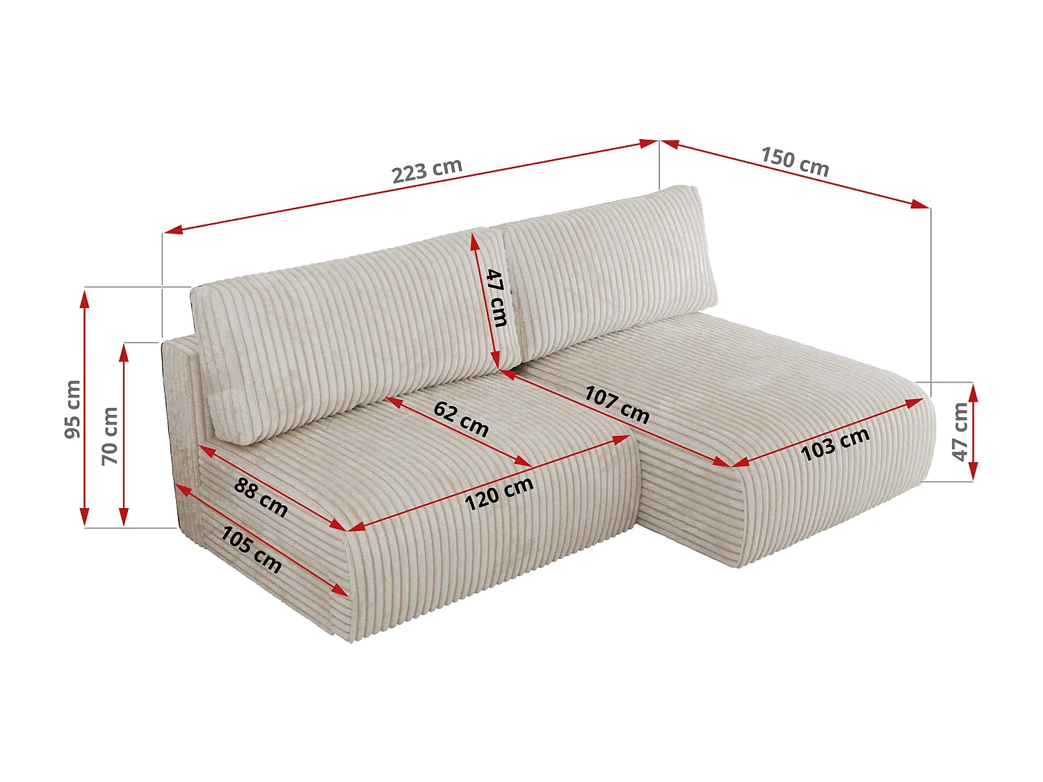 Ecksofa VIVO - L-form Couch mit Schlaffunktion und Bettkasten, Wellenfeder - Creme Cord - Ecke Rechts
