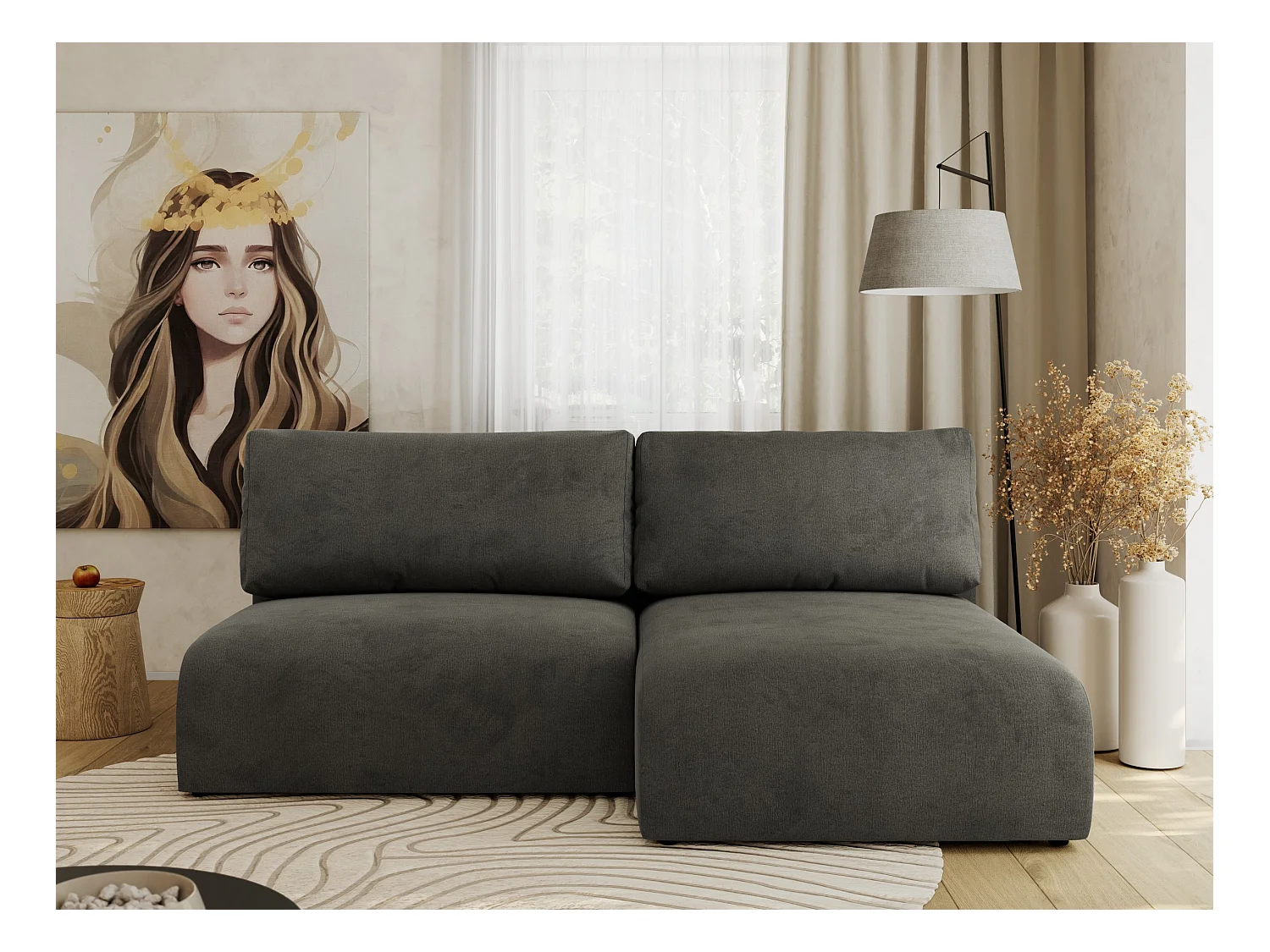 Ecksofa VIVO - L-form Couch mit Schlaffunktion und Bettkasten, Wellenfeder - Dunkelgrau Velvet - Ecke Rechts
