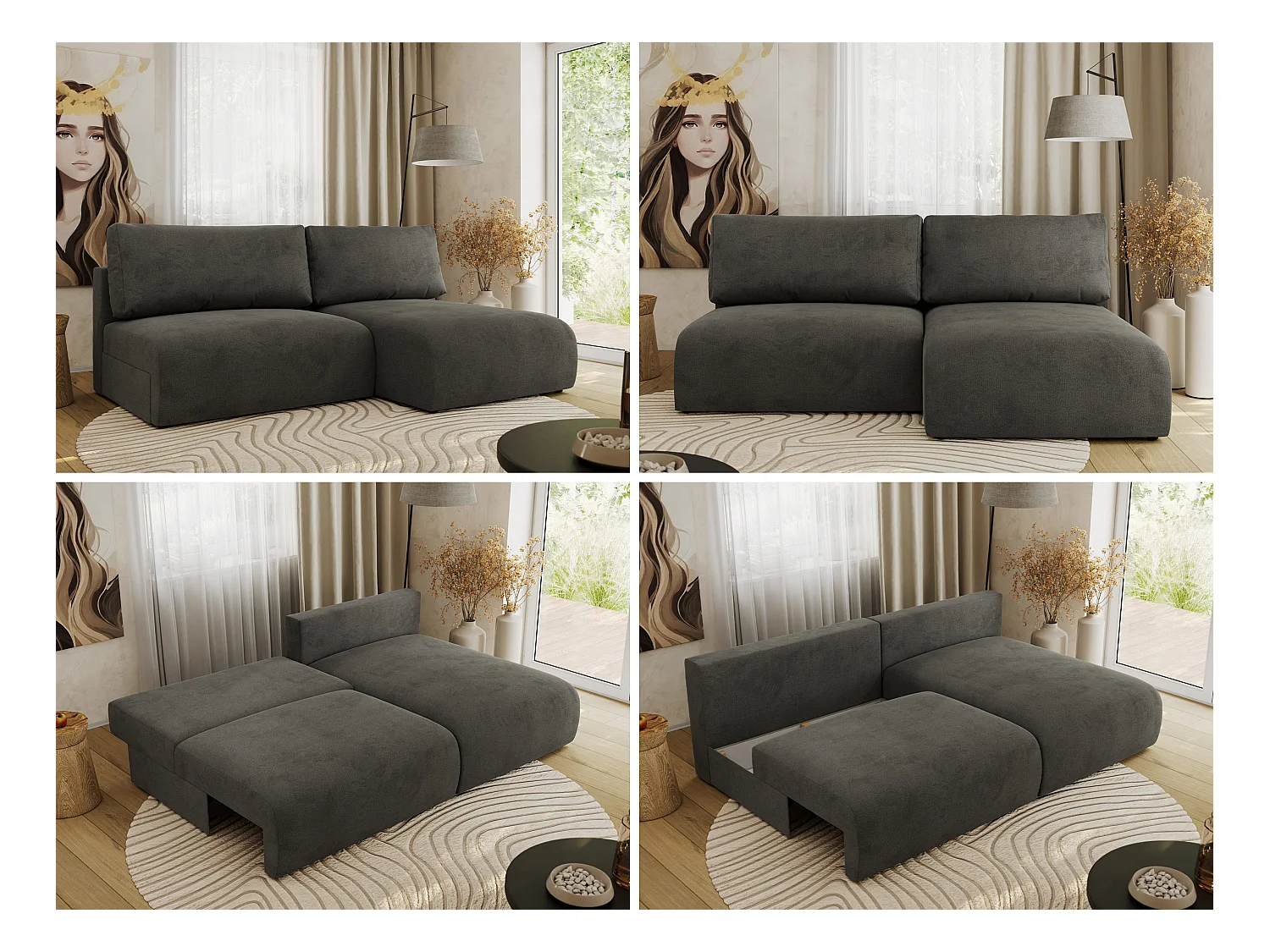 Ecksofa VIVO - L-form Couch mit Schlaffunktion und Bettkasten, Wellenfeder - Dunkelgrau Velvet - Ecke Rechts
