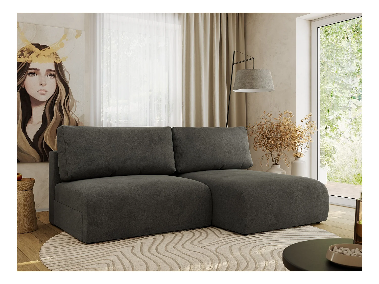 Ecksofa VIVO - L-form Couch mit Schlaffunktion und Bettkasten, Wellenfeder - Dunkelgrau Velvet - Ecke Rechts