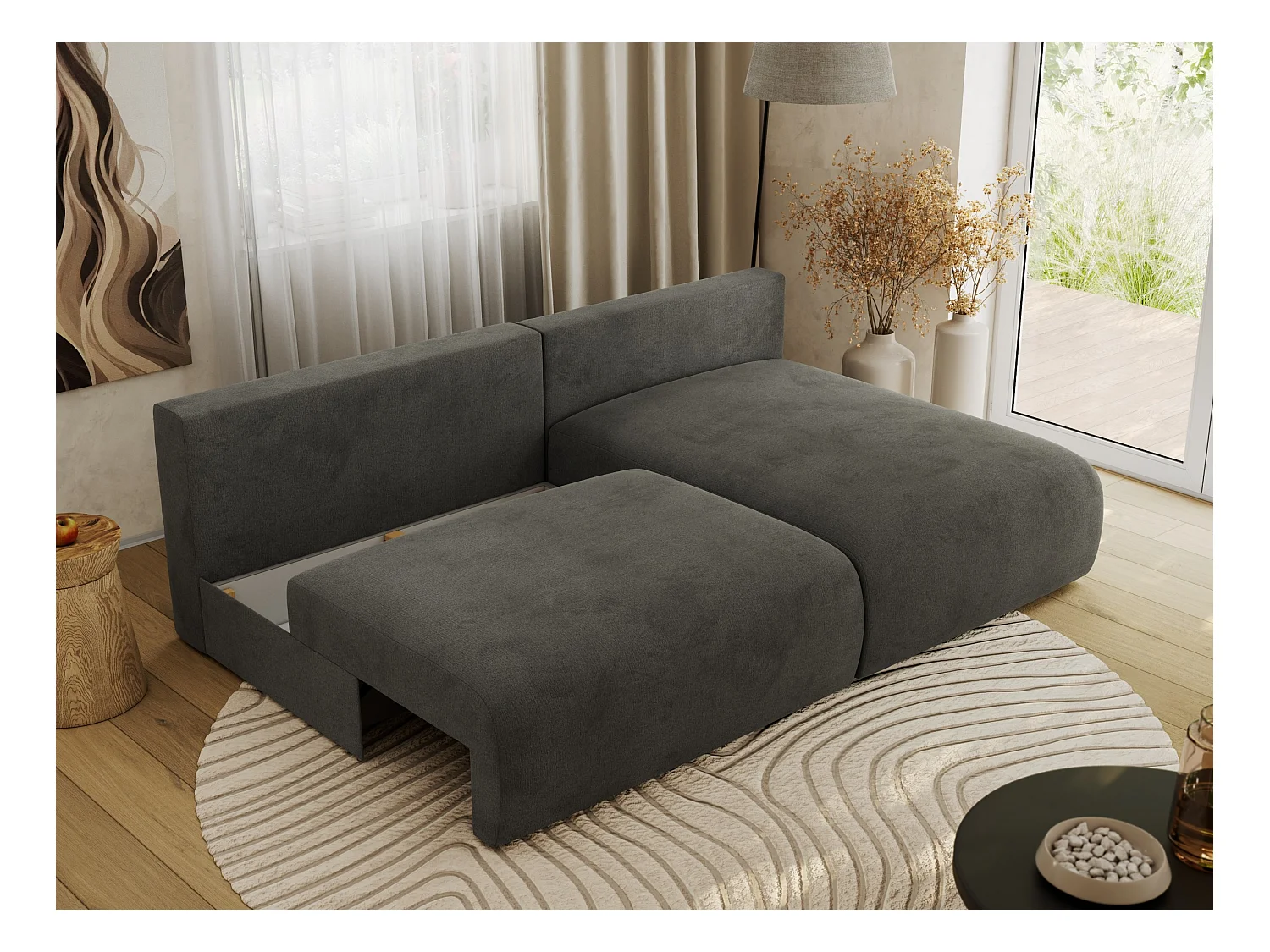 Ecksofa VIVO - L-form Couch mit Schlaffunktion und Bettkasten, Wellenfeder - Dunkelgrau Velvet - Ecke Rechts