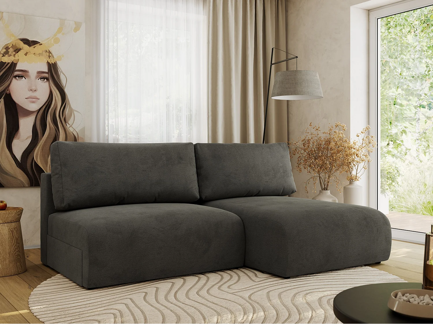 Ecksofa VIVO - L-form Couch mit Schlaffunktion und Bettkasten, Wellenfeder - Dunkelgrau Velvet - Ecke Rechts
