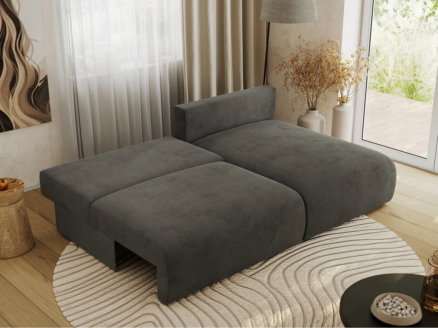 Ecksofa VIVO - L-form Couch mit Schlaffunktion und Bettkasten, Wellenfeder - Dunkelgrau Velvet - Ecke Rechts