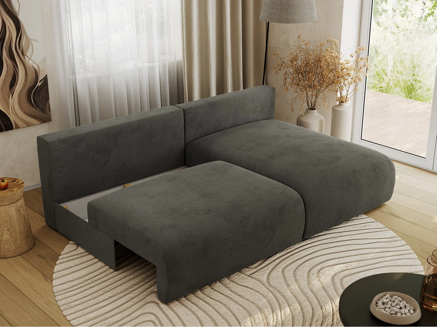 Ecksofa VIVO - L-form Couch mit Schlaffunktion und Bettkasten, Wellenfeder - Dunkelgrau Velvet - Ecke Rechts