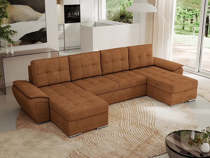 Ecksofa UMBRIA U - XXL Wohnlandschaft, mit Schlaffunktion und Bettkasten, genähte Ecke - Orange Stukture