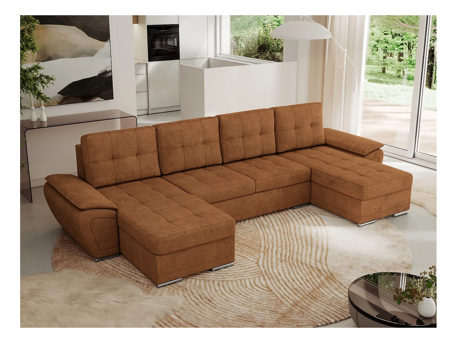 Ecksofa UMBRIA U - XXL Wohnlandschaft, mit Schlaffunktion und Bettkasten, genähte Ecke - Orange Stukture