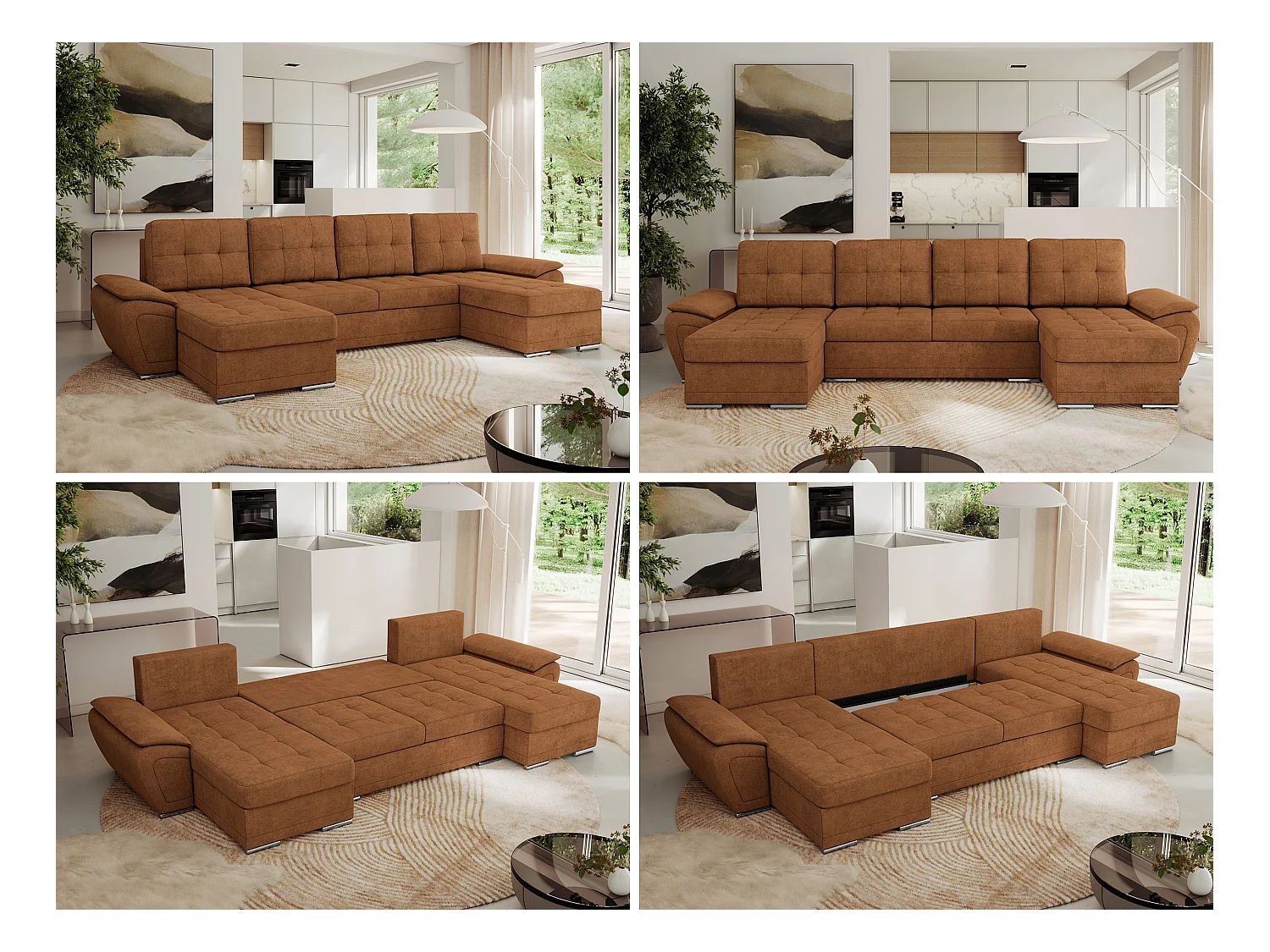 Ecksofa UMBRIA U - XXL Wohnlandschaft, mit Schlaffunktion und Bettkasten, genähte Ecke - Orange Stukture