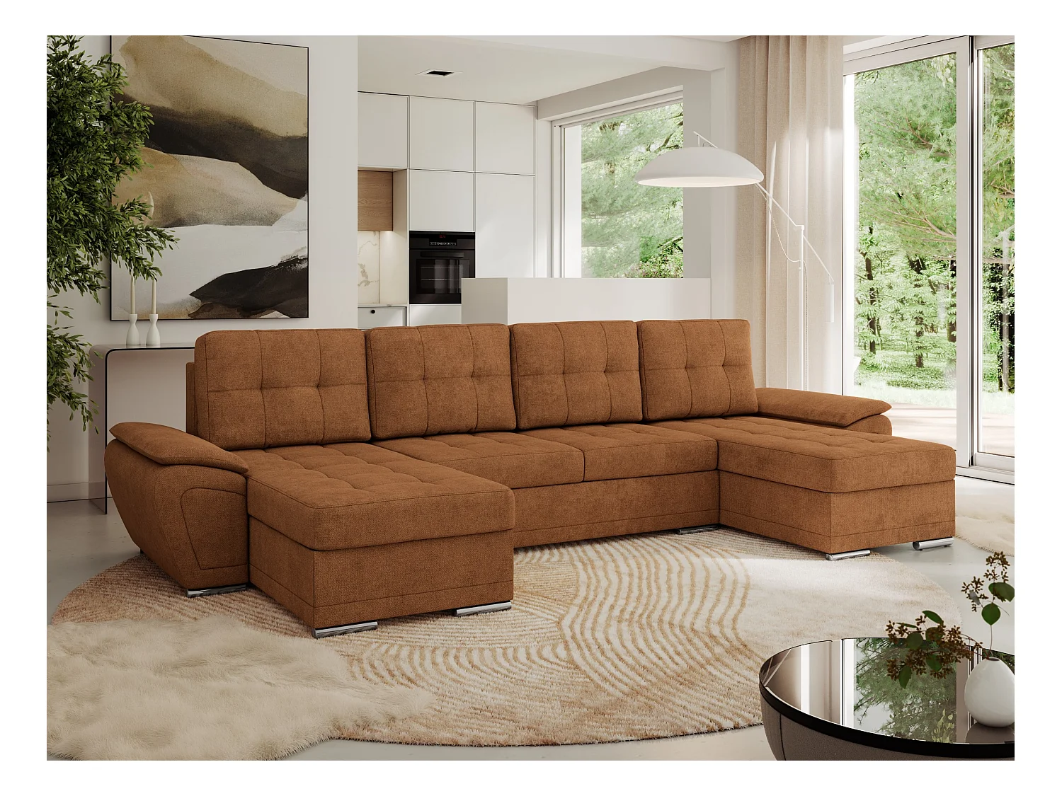 Ecksofa UMBRIA U - XXL Wohnlandschaft, mit Schlaffunktion und Bettkasten, genähte Ecke - Orange Stukture