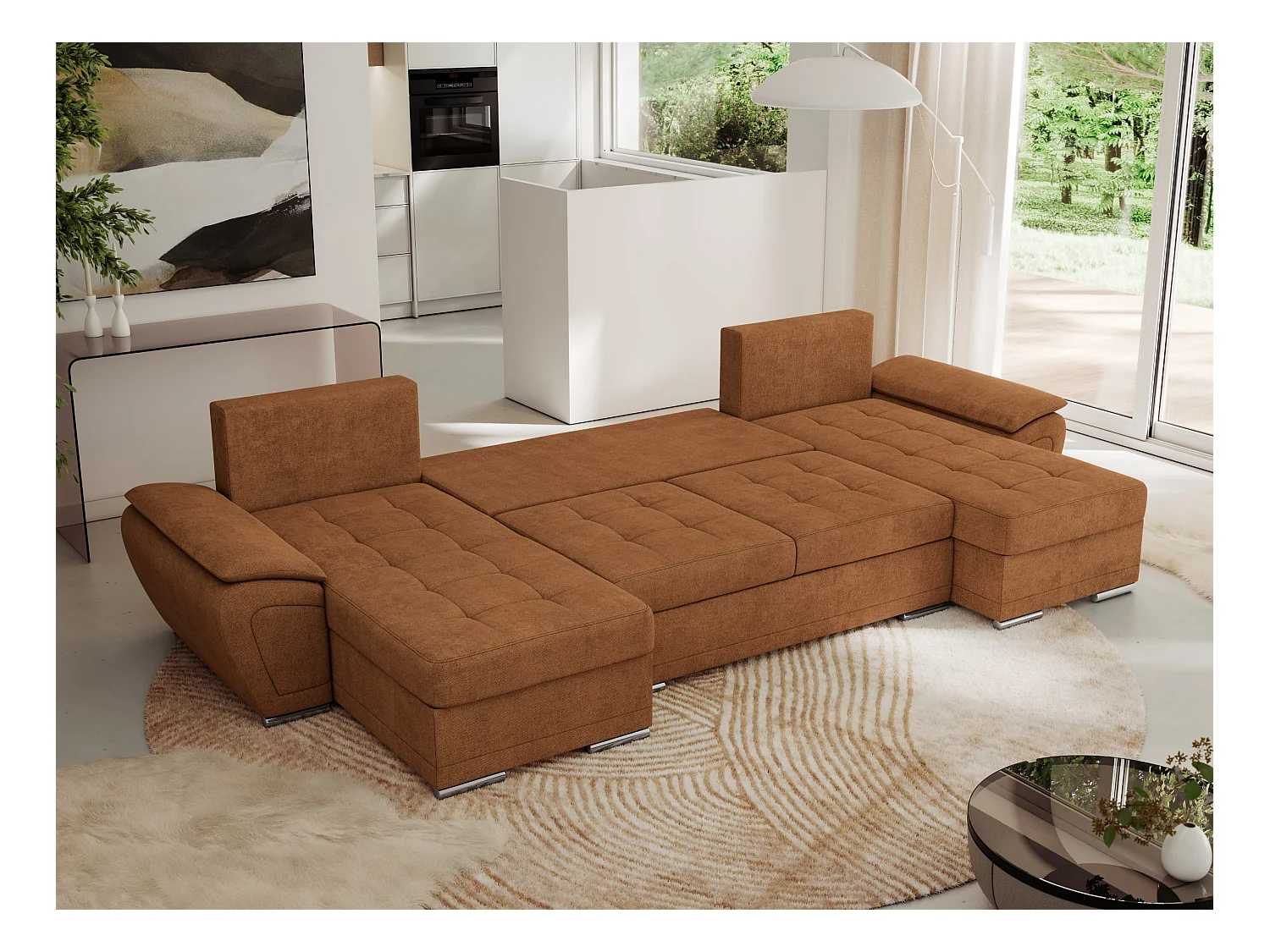 Ecksofa UMBRIA U - XXL Wohnlandschaft, mit Schlaffunktion und Bettkasten, genähte Ecke - Orange Stukture