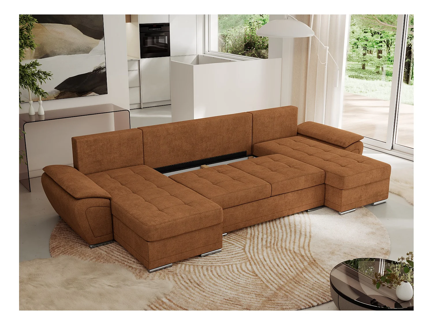 Ecksofa UMBRIA U - XXL Wohnlandschaft, mit Schlaffunktion und Bettkasten, genähte Ecke - Orange Stukture