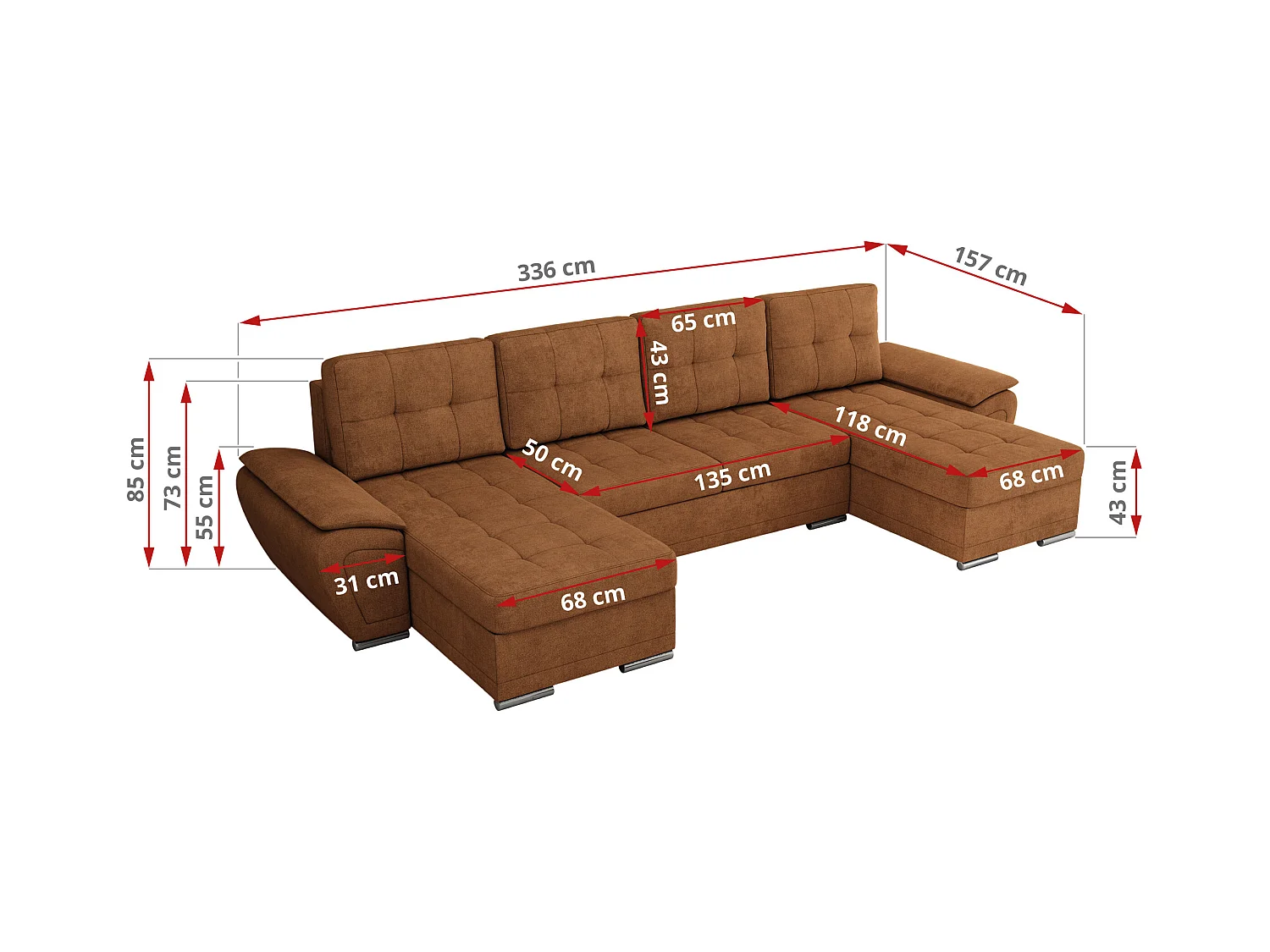 Ecksofa UMBRIA U - XXL Wohnlandschaft, mit Schlaffunktion und Bettkasten, genähte Ecke - Orange Stukture