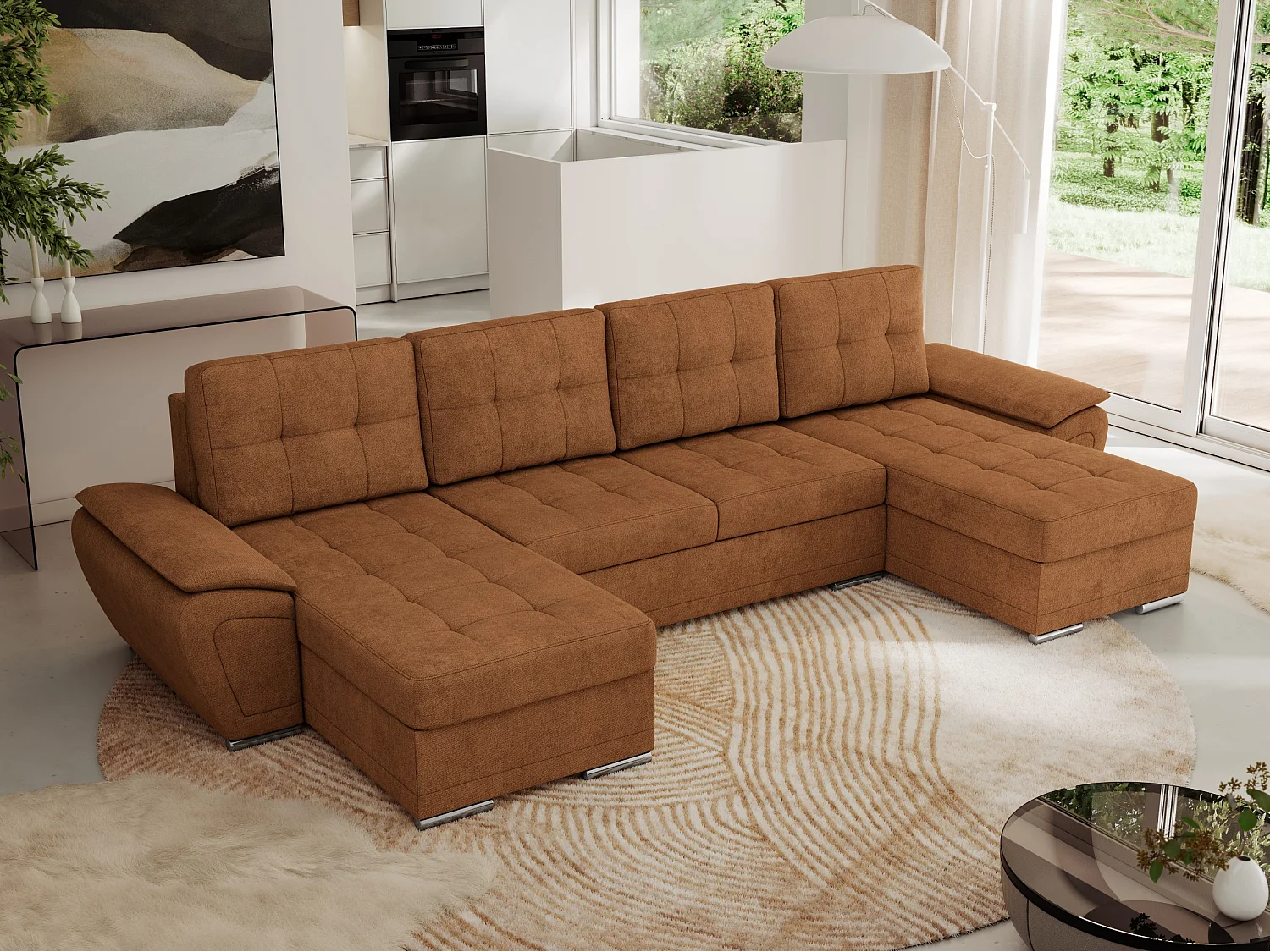 Ecksofa UMBRIA U - XXL Wohnlandschaft, mit Schlaffunktion und Bettkasten, genähte Ecke - Orange Stukture