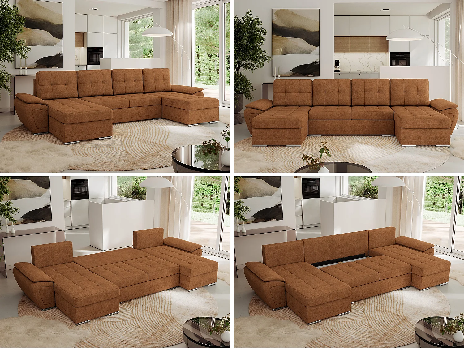 Ecksofa UMBRIA U - XXL Wohnlandschaft, mit Schlaffunktion und Bettkasten, genähte Ecke - Orange Stukture