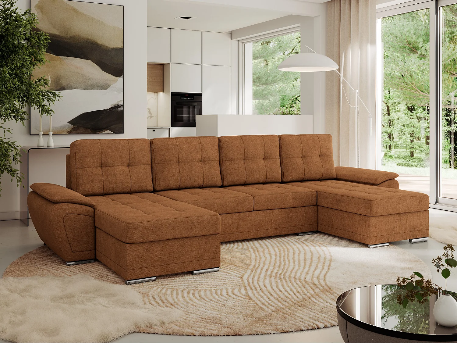 Ecksofa UMBRIA U - XXL Wohnlandschaft, mit Schlaffunktion und Bettkasten, genähte Ecke - Orange Stukture
