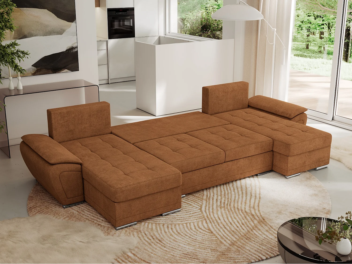 Ecksofa UMBRIA U - XXL Wohnlandschaft, mit Schlaffunktion und Bettkasten, genähte Ecke - Orange Stukture