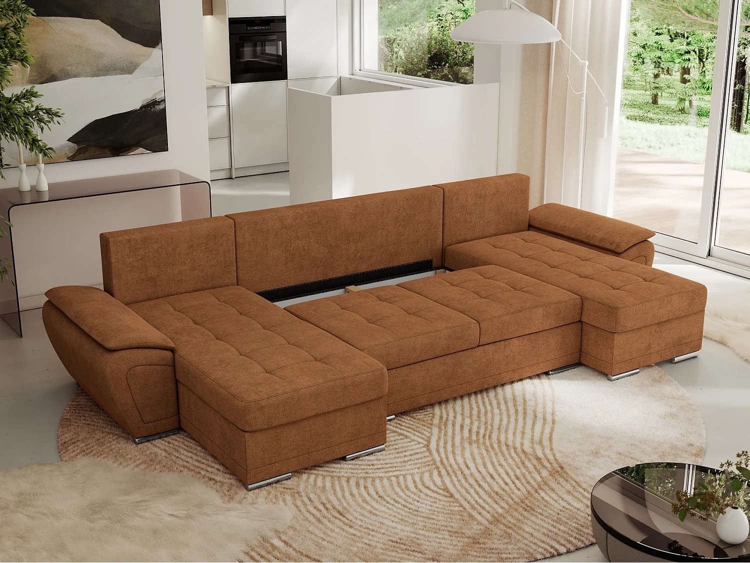 Ecksofa UMBRIA U - XXL Wohnlandschaft, mit Schlaffunktion und Bettkasten, genähte Ecke - Orange Stukture