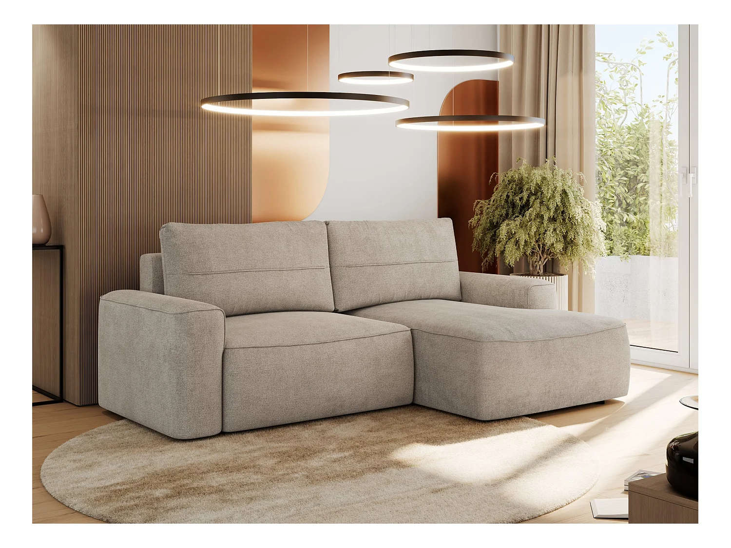 Ecksofa BELLUNO - Schlafsofa mit Bettkasten, Armlehnen, Couch L-form mit Schlaffunktion - Beige Strukture - Ecke Rechts