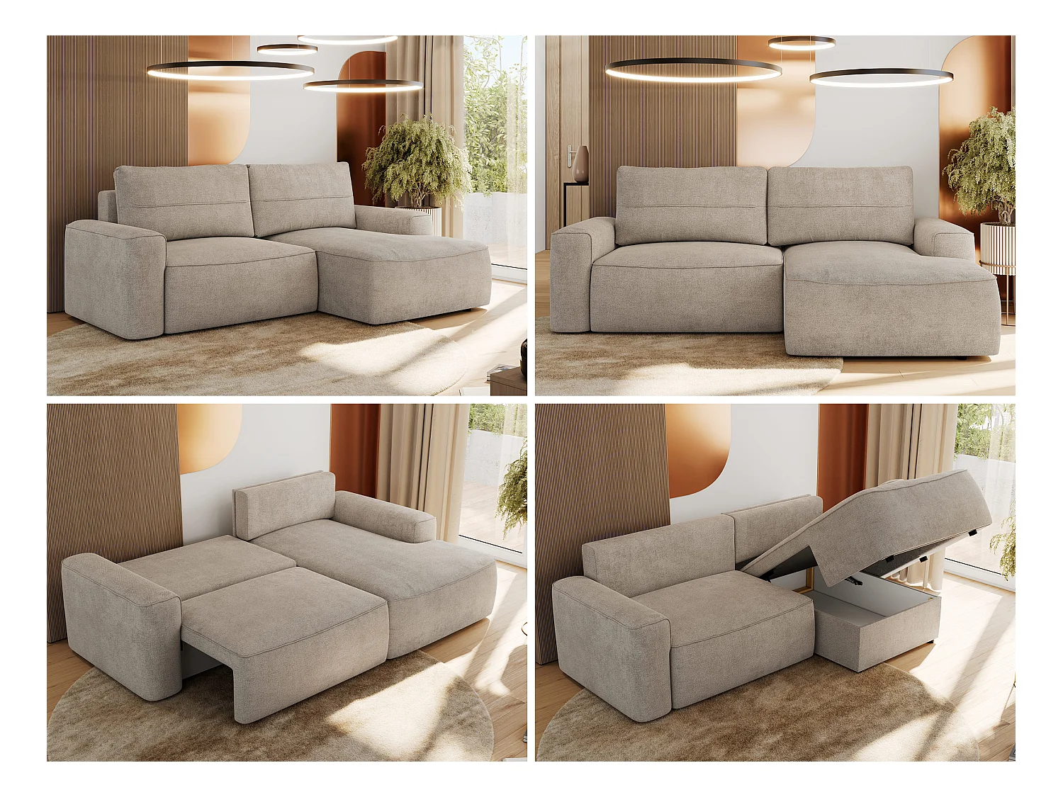 Ecksofa BELLUNO - Schlafsofa mit Bettkasten, Armlehnen, Couch L-form mit Schlaffunktion - Beige Strukture - Ecke Rechts