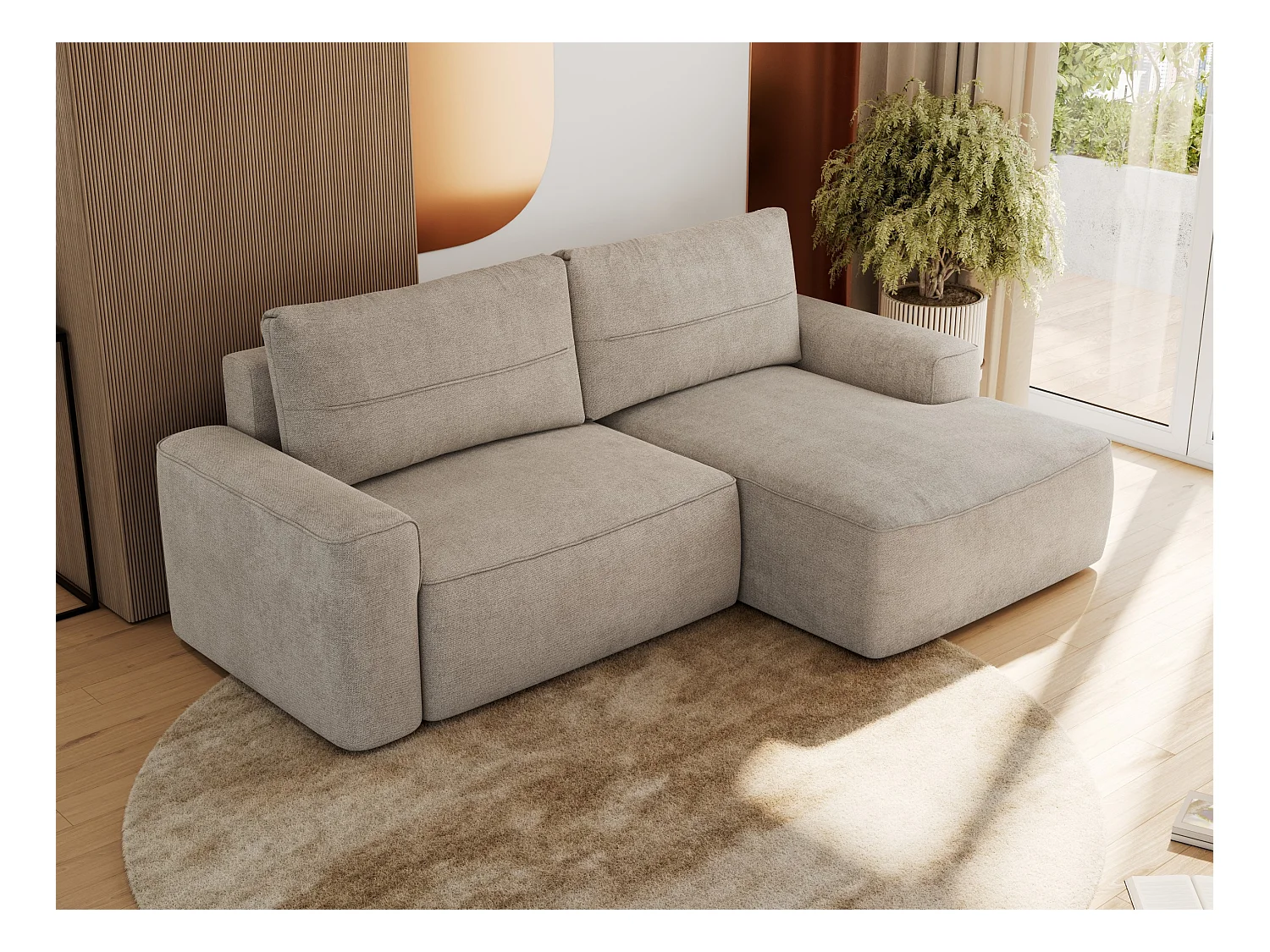 Ecksofa BELLUNO - Schlafsofa mit Bettkasten, Armlehnen, Couch L-form mit Schlaffunktion - Beige Strukture - Ecke Rechts
