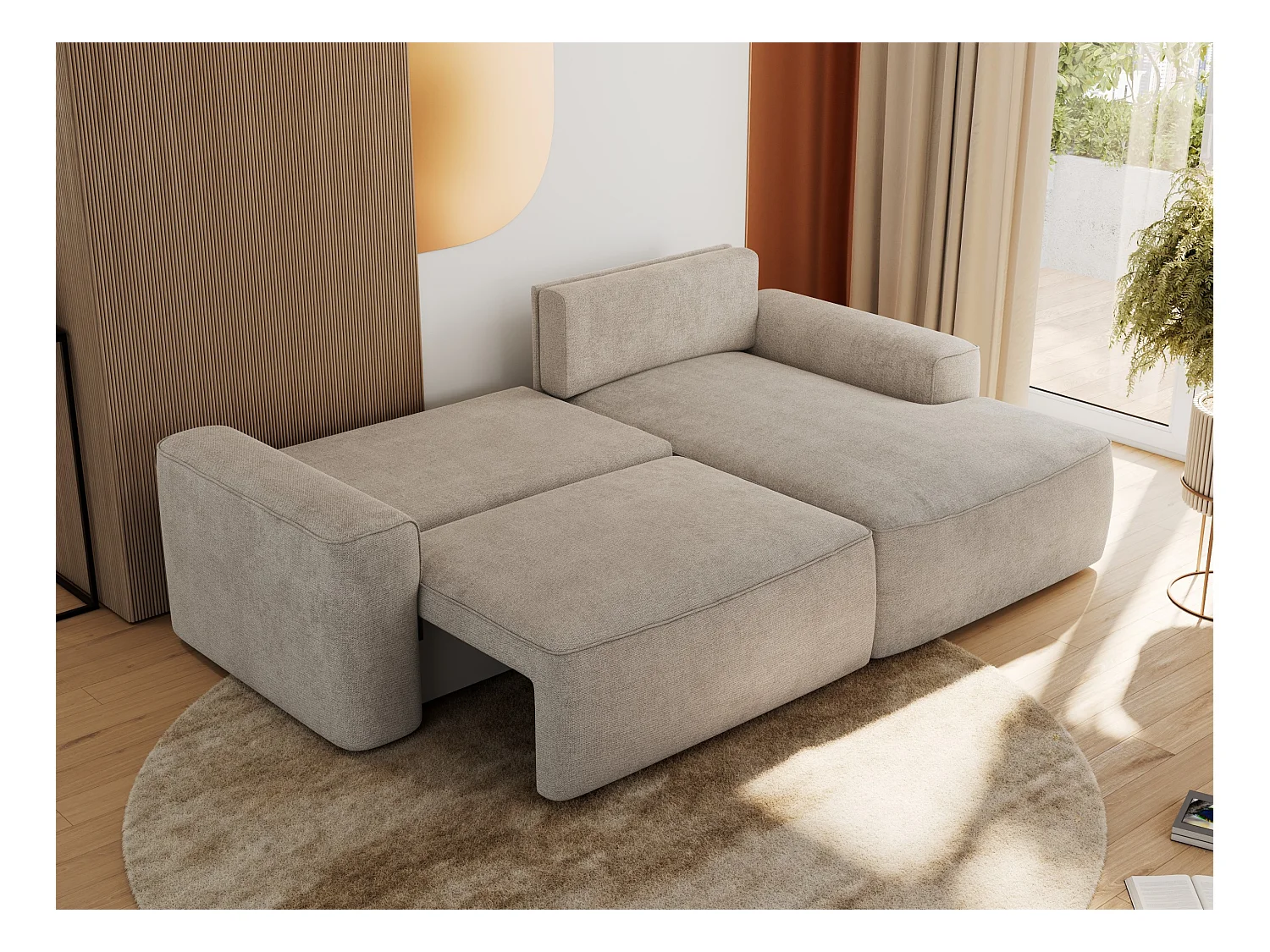 Ecksofa BELLUNO - Schlafsofa mit Bettkasten, Armlehnen, Couch L-form mit Schlaffunktion - Beige Strukture - Ecke Rechts