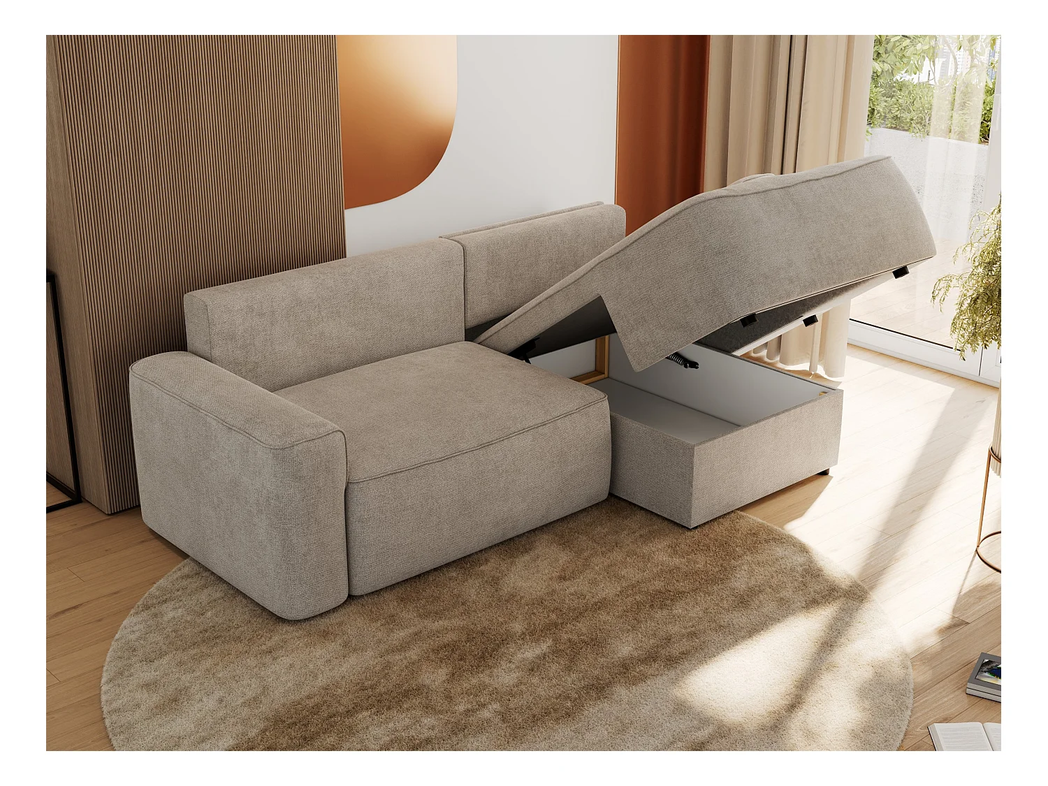 Ecksofa BELLUNO - Schlafsofa mit Bettkasten, Armlehnen, Couch L-form mit Schlaffunktion - Beige Strukture - Ecke Rechts