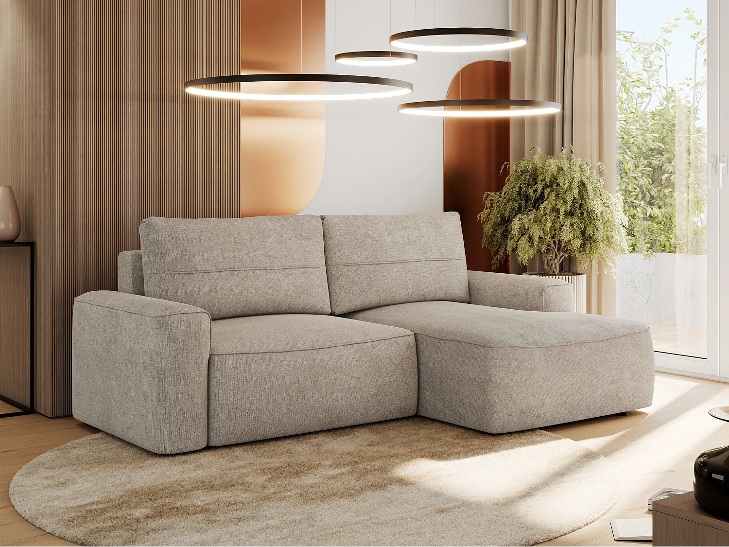 Ecksofa BELLUNO - Schlafsofa mit Bettkasten, Armlehnen, Couch L-form mit Schlaffunktion - Beige Strukture - Ecke Rechts