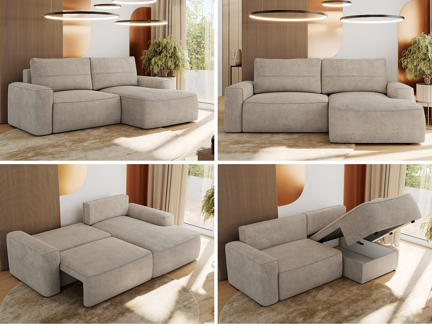 Ecksofa BELLUNO - Schlafsofa mit Bettkasten, Armlehnen, Couch L-form mit Schlaffunktion - Beige Strukture - Ecke Rechts