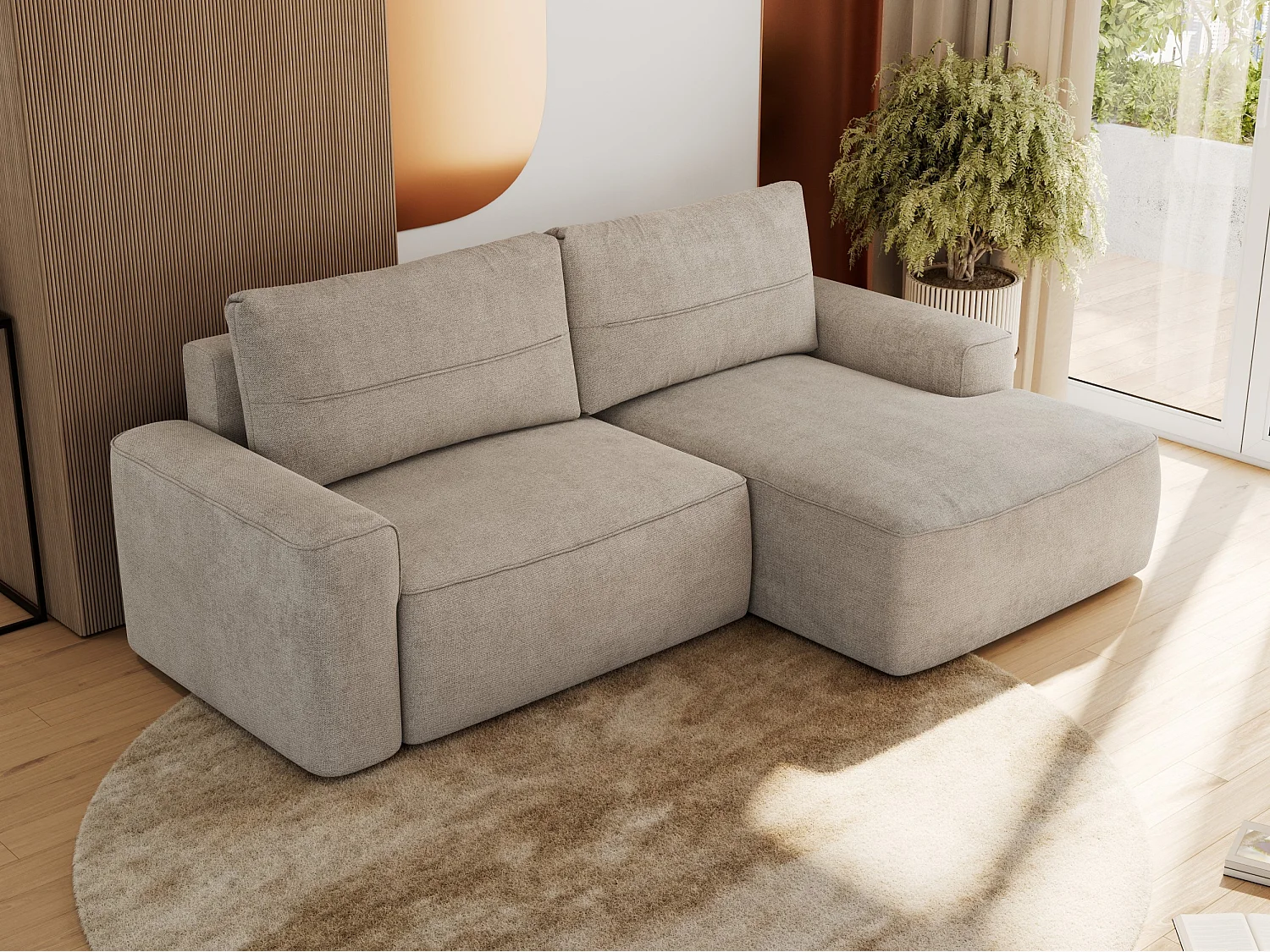 Ecksofa BELLUNO - Schlafsofa mit Bettkasten, Armlehnen, Couch L-form mit Schlaffunktion - Beige Strukture - Ecke Rechts
