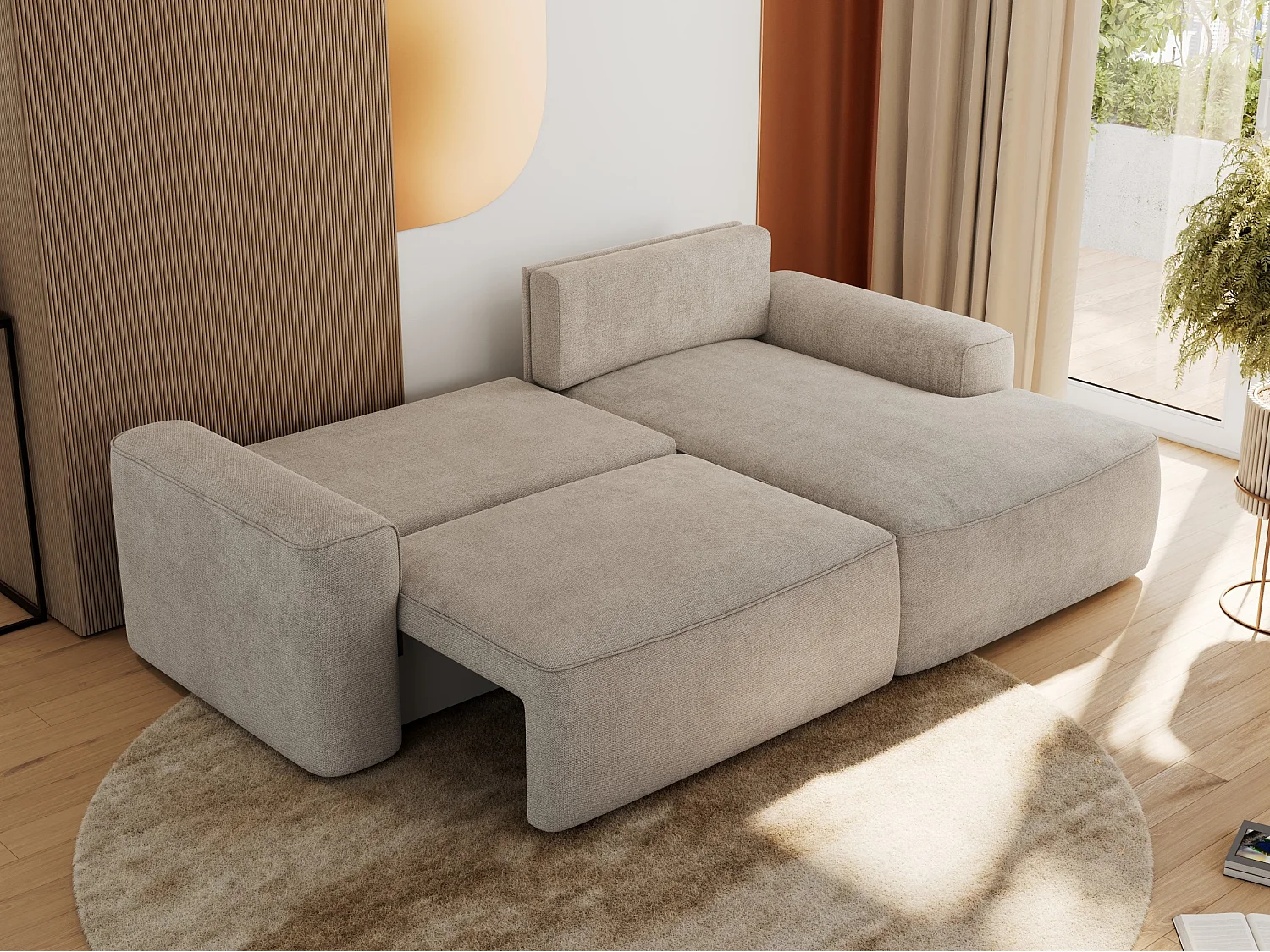Ecksofa BELLUNO - Schlafsofa mit Bettkasten, Armlehnen, Couch L-form mit Schlaffunktion - Beige Strukture - Ecke Rechts