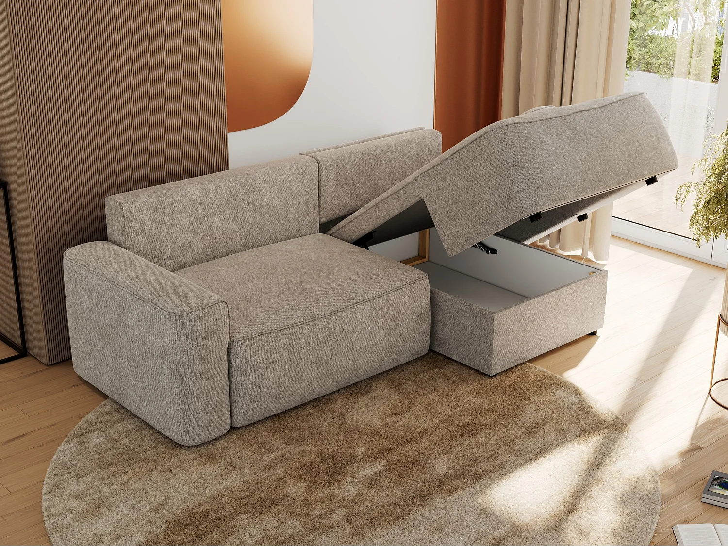 Ecksofa BELLUNO - Schlafsofa mit Bettkasten, Armlehnen, Couch L-form mit Schlaffunktion - Beige Strukture - Ecke Rechts