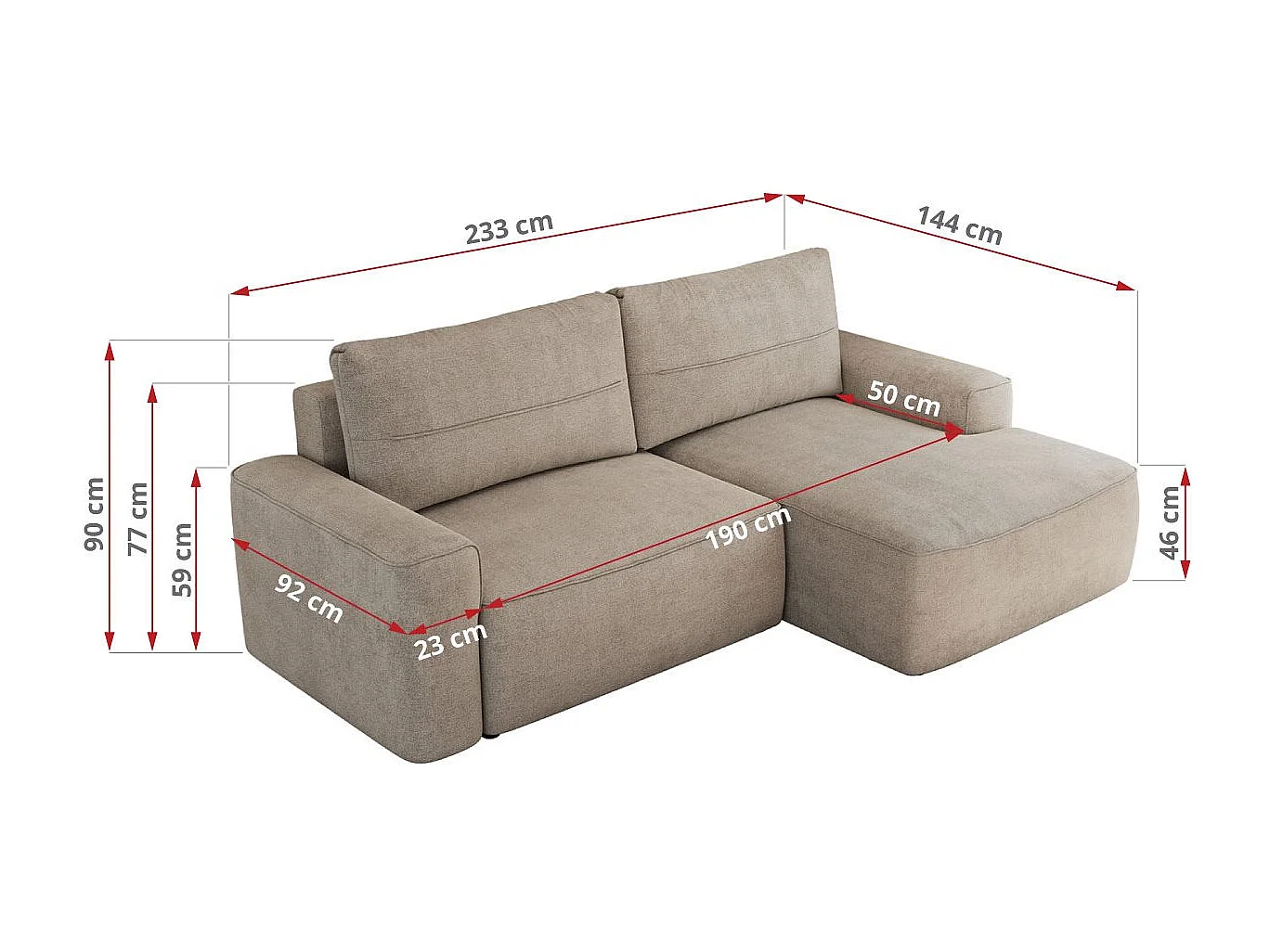 Ecksofa BELLUNO - Schlafsofa mit Bettkasten, Armlehnen, Couch L-form mit Schlaffunktion - Beige Strukture - Ecke Rechts